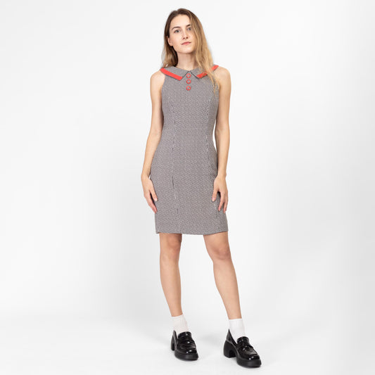 XS Y2K Black & White Houndstooth Mini Dress | Vintage Sleeveless Button Back Fitted Sheath Cocktail Dress