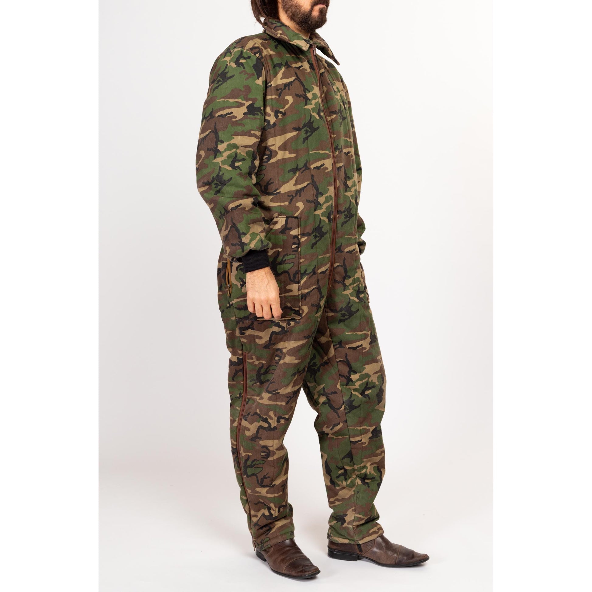 Large 70s Camouflage Quilted Coveralls | Vintage Insulated Camo Outdoor Gear Hunting Jumpsuit