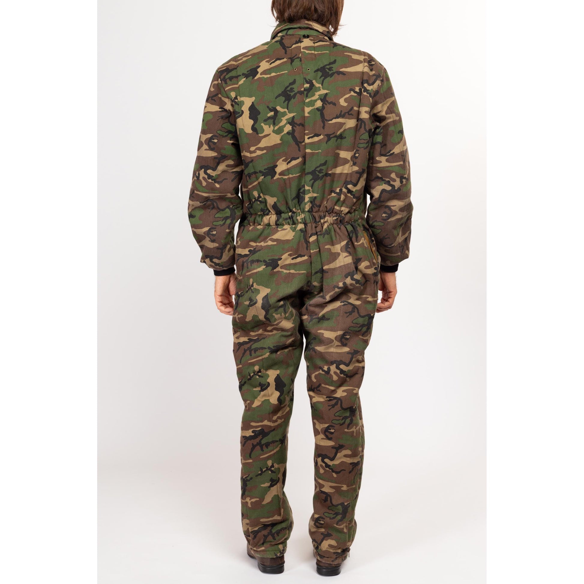 Large 70s Camouflage Quilted Coveralls | Vintage Insulated Camo Outdoor Gear Hunting Jumpsuit