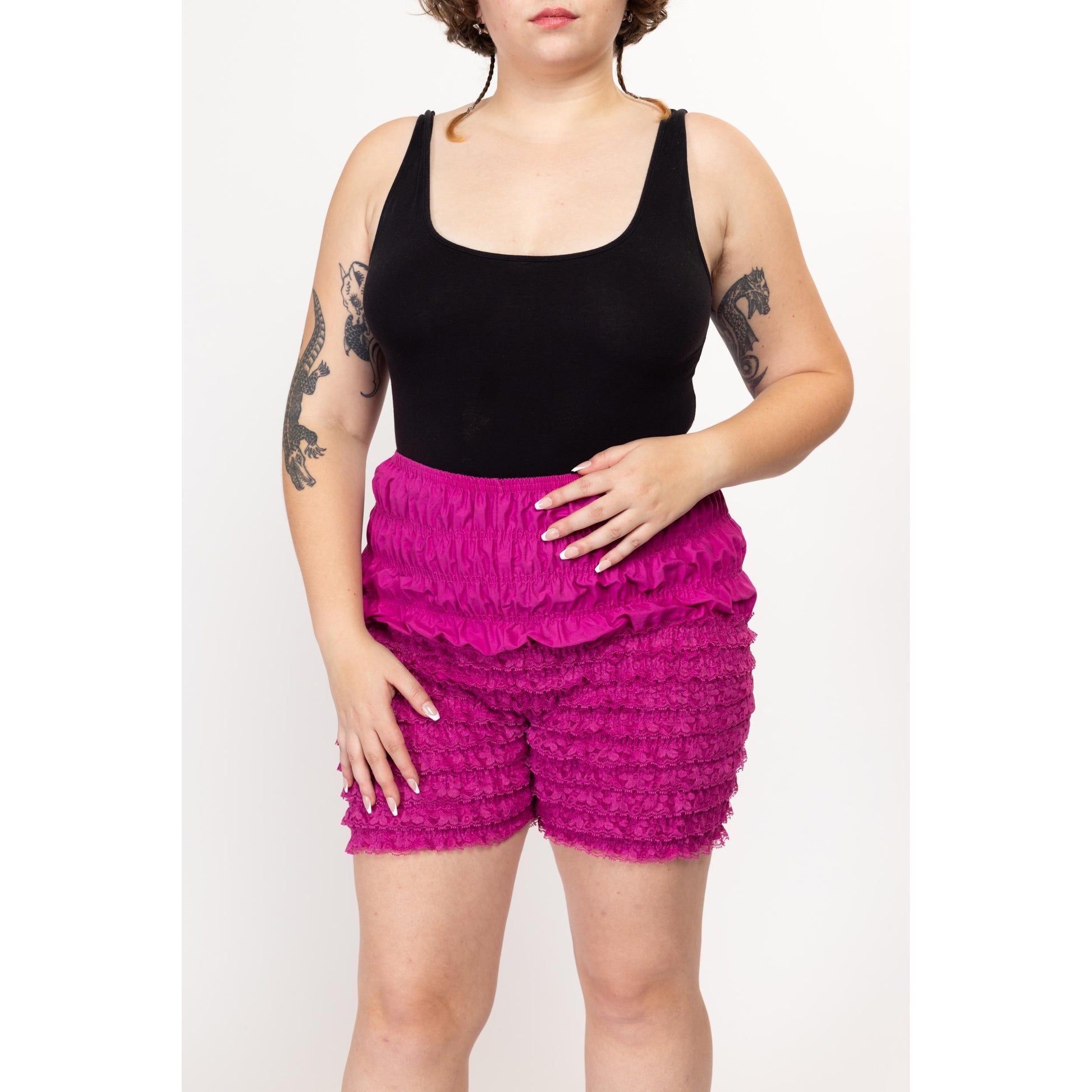 Lrg-XL 70s Fuchsia Pink Ruffled Lace Bloomers | Vintage Malco Modes Pettipants Retro Lingerie