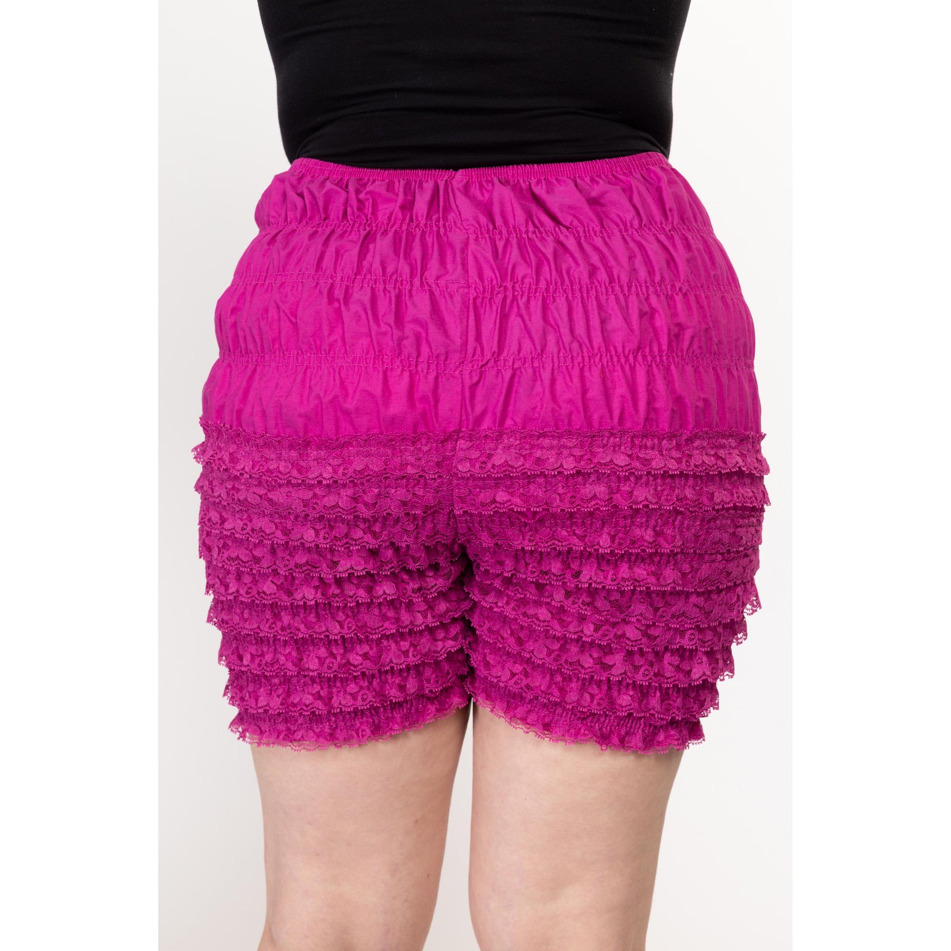 Lrg-XL 70s Fuchsia Pink Ruffled Lace Bloomers | Vintage Malco Modes Pettipants Retro Lingerie