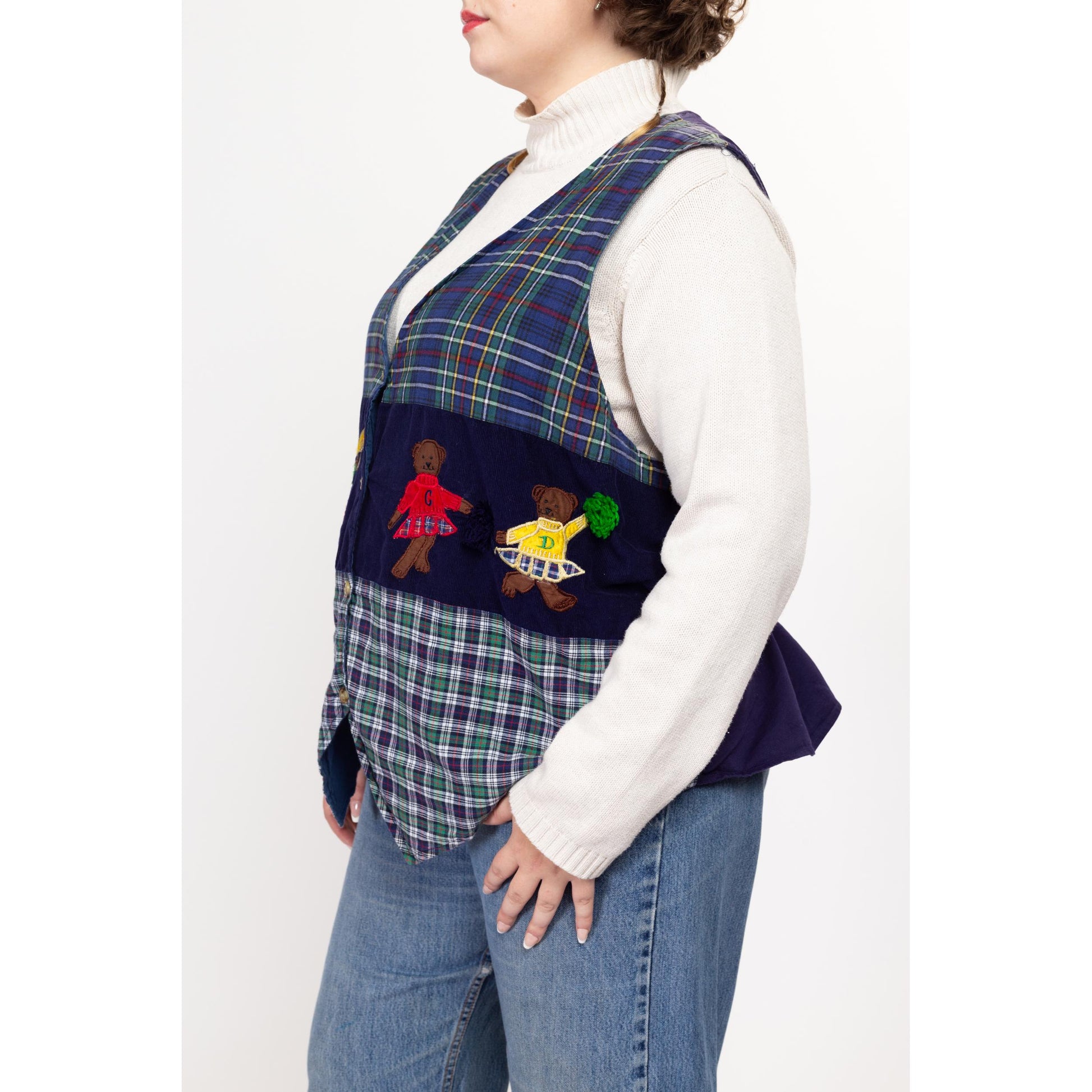 2X 90s Teddy Bear Cheerleader School Novelty Vest | Retro Vintage School Teacher Blue Flannel Corduroy Sleeveless Top