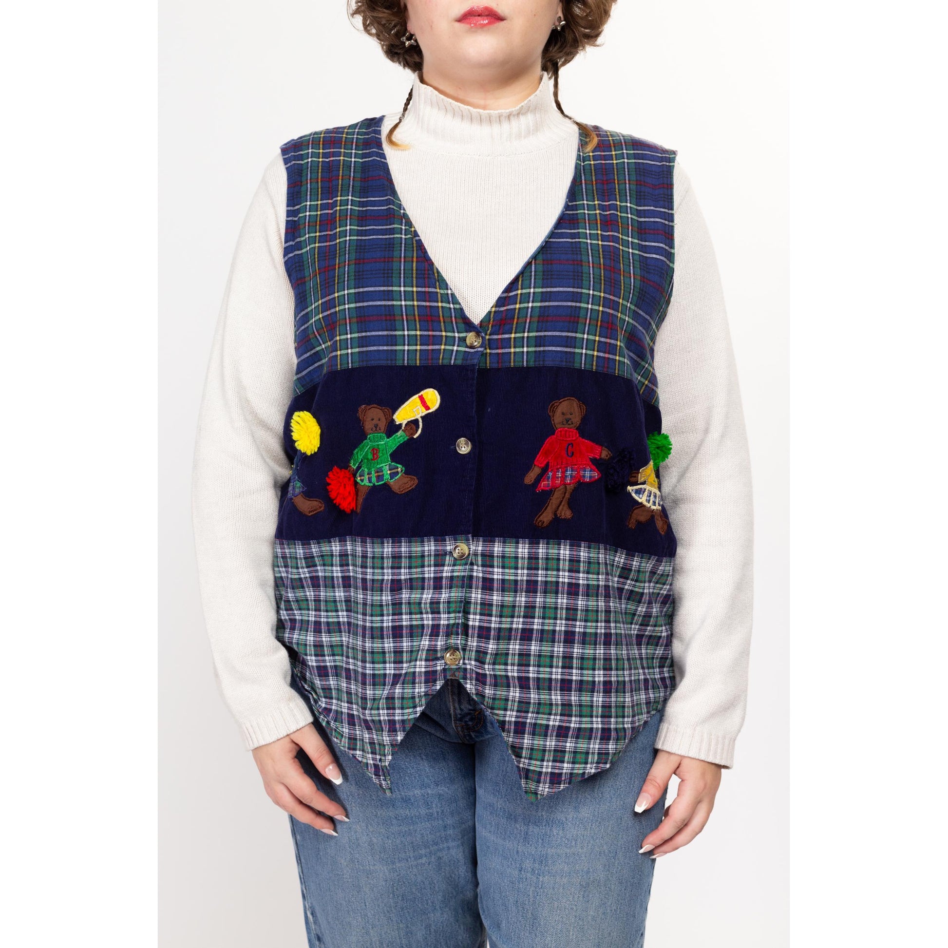 2X 90s Teddy Bear Cheerleader School Novelty Vest | Retro Vintage School Teacher Blue Flannel Corduroy Sleeveless Top