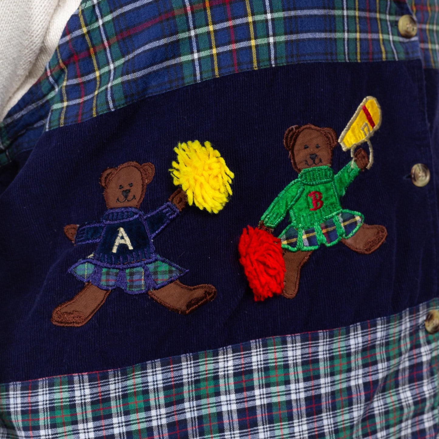 2X 90s Teddy Bear Cheerleader School Novelty Vest | Retro Vintage School Teacher Blue Flannel Corduroy Sleeveless Top