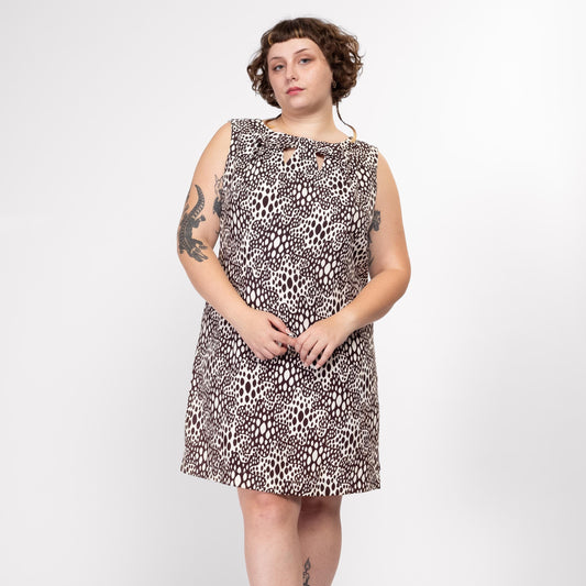 Lrg-XL 60s Mod Op Art Amoeba Print Mini Dress | Vintage Brown White Sleeveless Keyhole Shift Dress