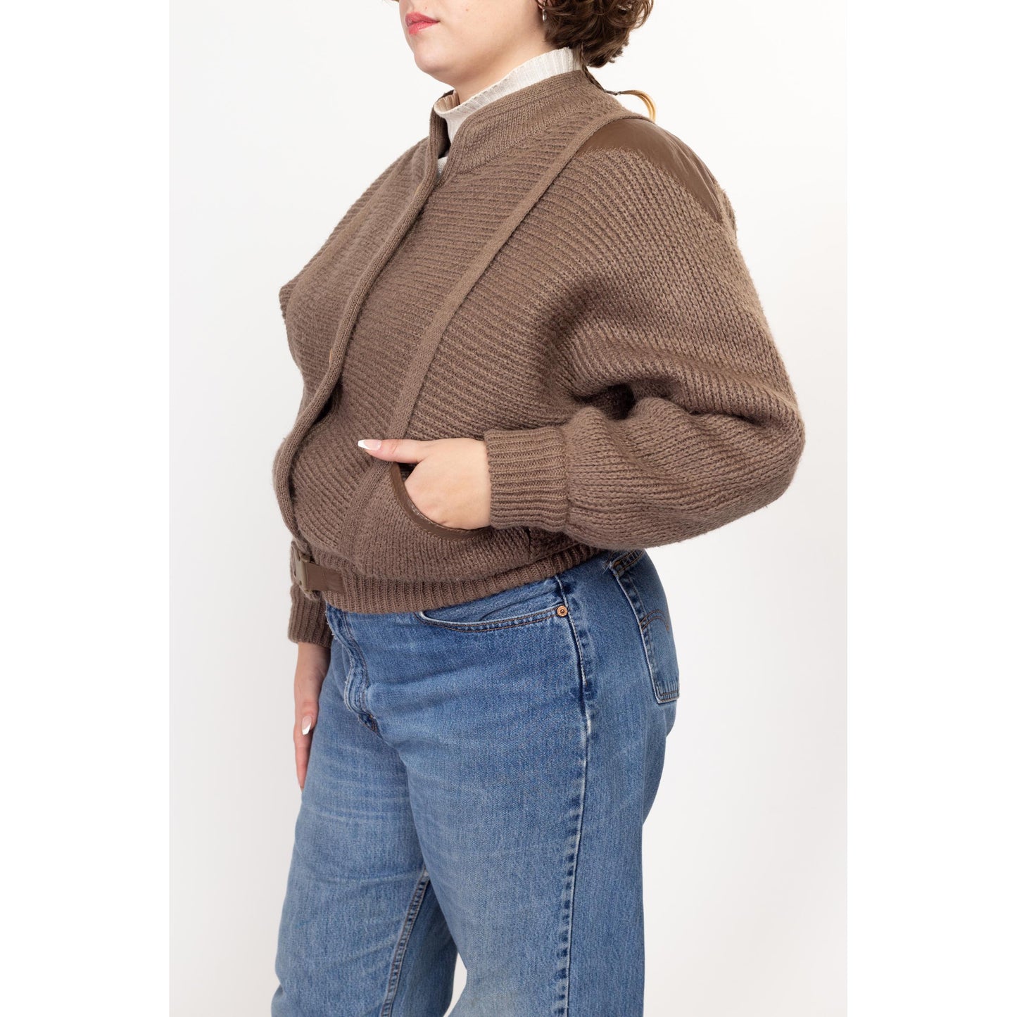 Large 80s Cocoa Brown Knit Cropped Jacket | Vintage Dolman Sleeve Faux Leather Trim Buckle Waist Sweater Coat