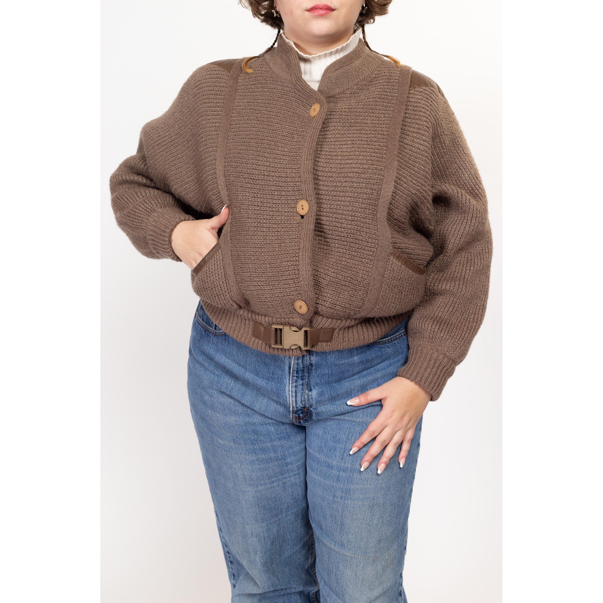 Large 80s Cocoa Brown Knit Cropped Jacket | Vintage Dolman Sleeve Faux Leather Trim Buckle Waist Sweater Coat