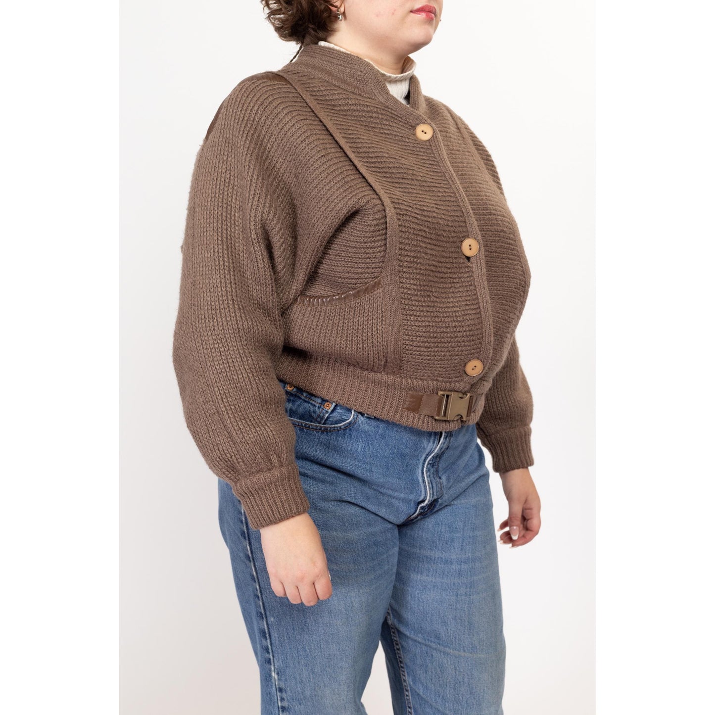 Large 80s Cocoa Brown Knit Cropped Jacket | Vintage Dolman Sleeve Faux Leather Trim Buckle Waist Sweater Coat