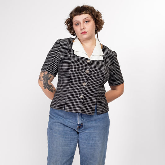 Large 80s Black & White Tattersall Plaid Collared Shirt | Retro Vintage Short Sleeve Secretary Top