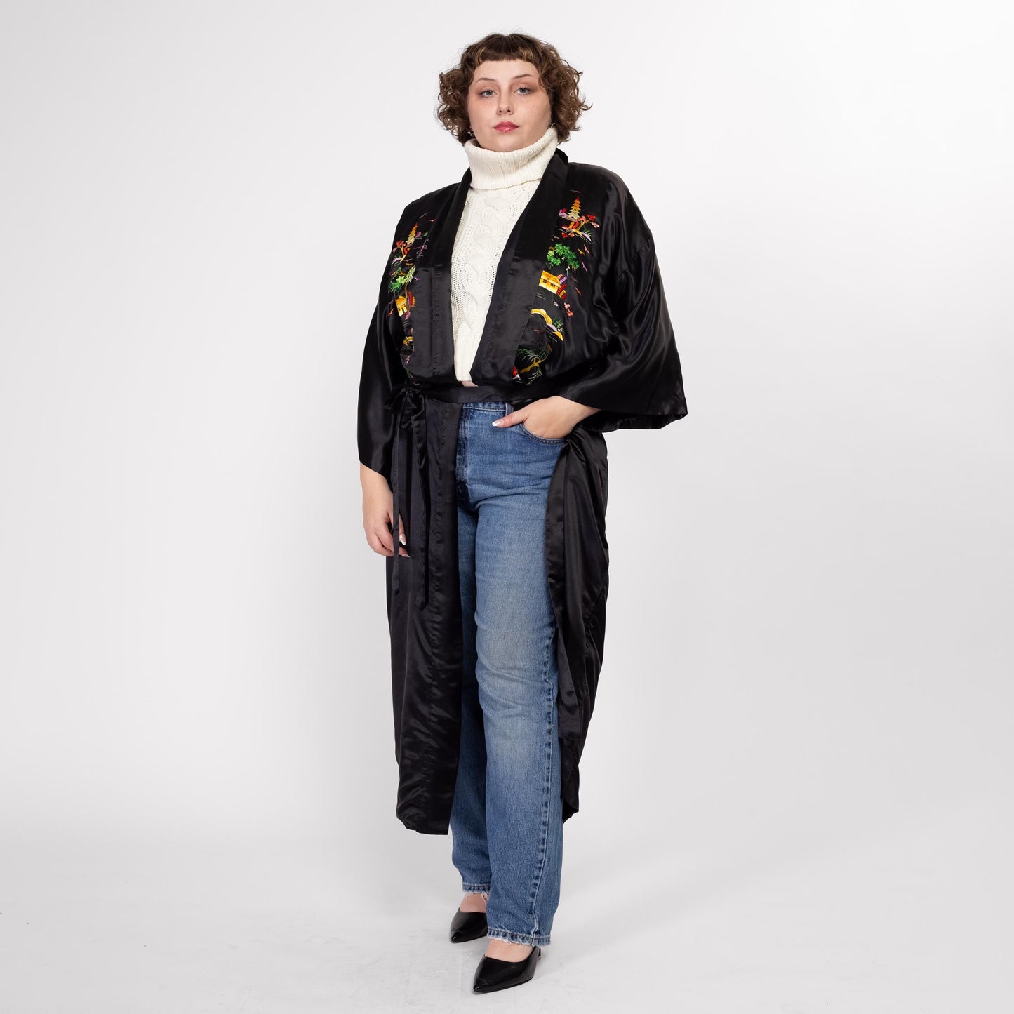 Large 70s 80s Black Silk Embroidered Chinese Robe | Vintage Golden Bee Satin Pagoda Long Kimono Smoking Jacket