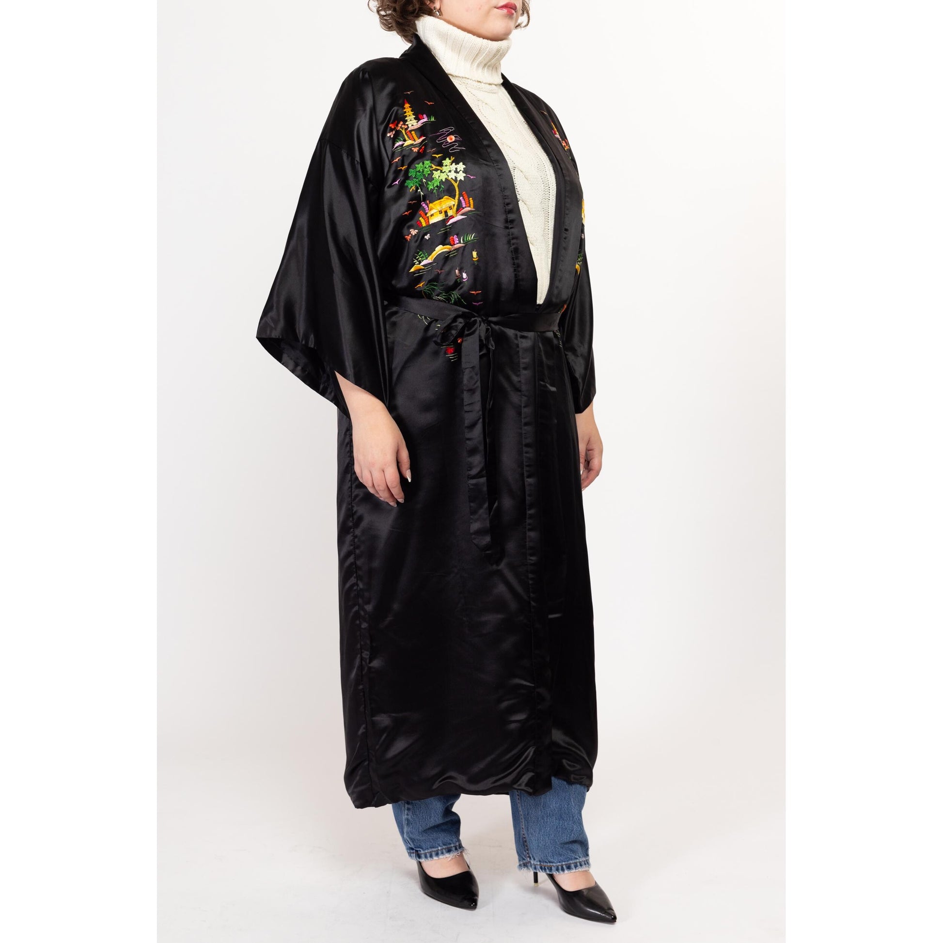 Large 70s 80s Black Silk Embroidered Chinese Robe | Vintage Golden Bee Satin Pagoda Long Kimono Smoking Jacket