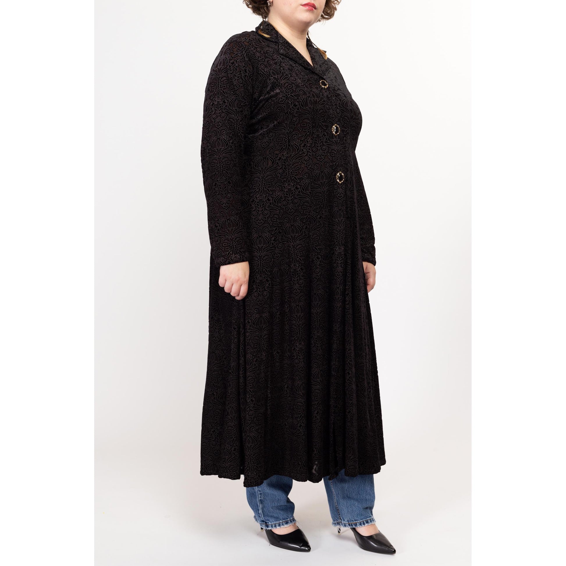 1X 80s Black Velvet Burnout Maxi Overshirt | Vintage Long Sleeve Button Up Shirt Dress Cover Up