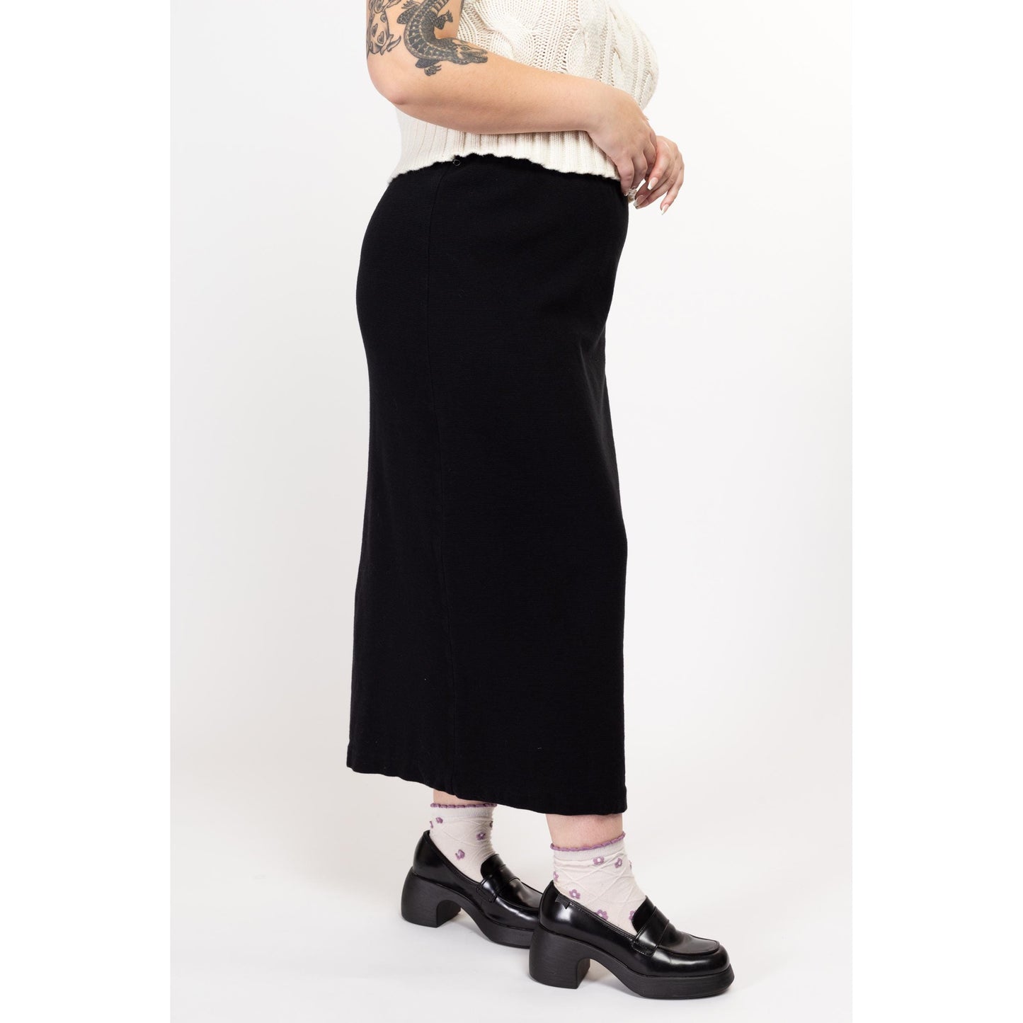 Large 90s Black Waffle Knit Midi Skirt | Vintage Minimalist High Waisted Stretchy Skirt