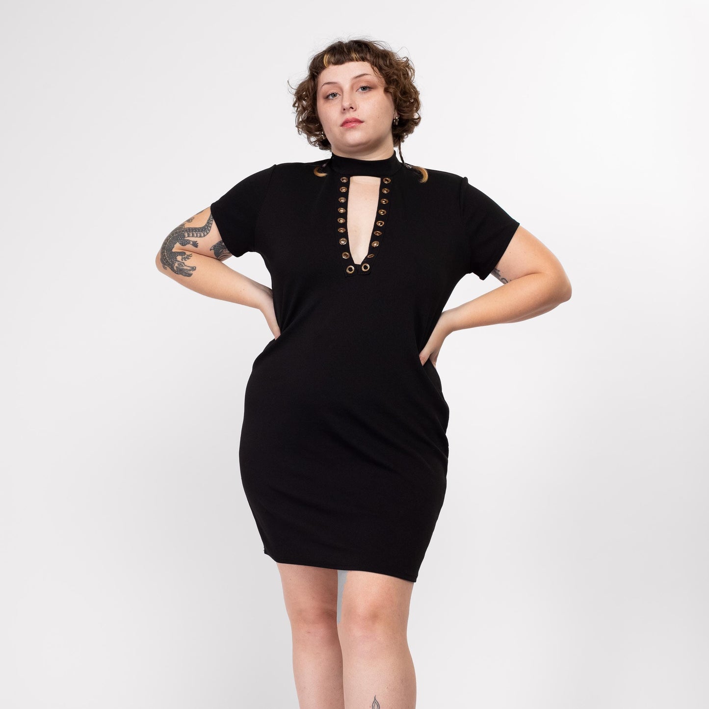 1X 90s Black Grommet Keyhole V Neck Mini Dress | Vintage Mockneck Short Sleeve Stretchy Fitted Party Dress