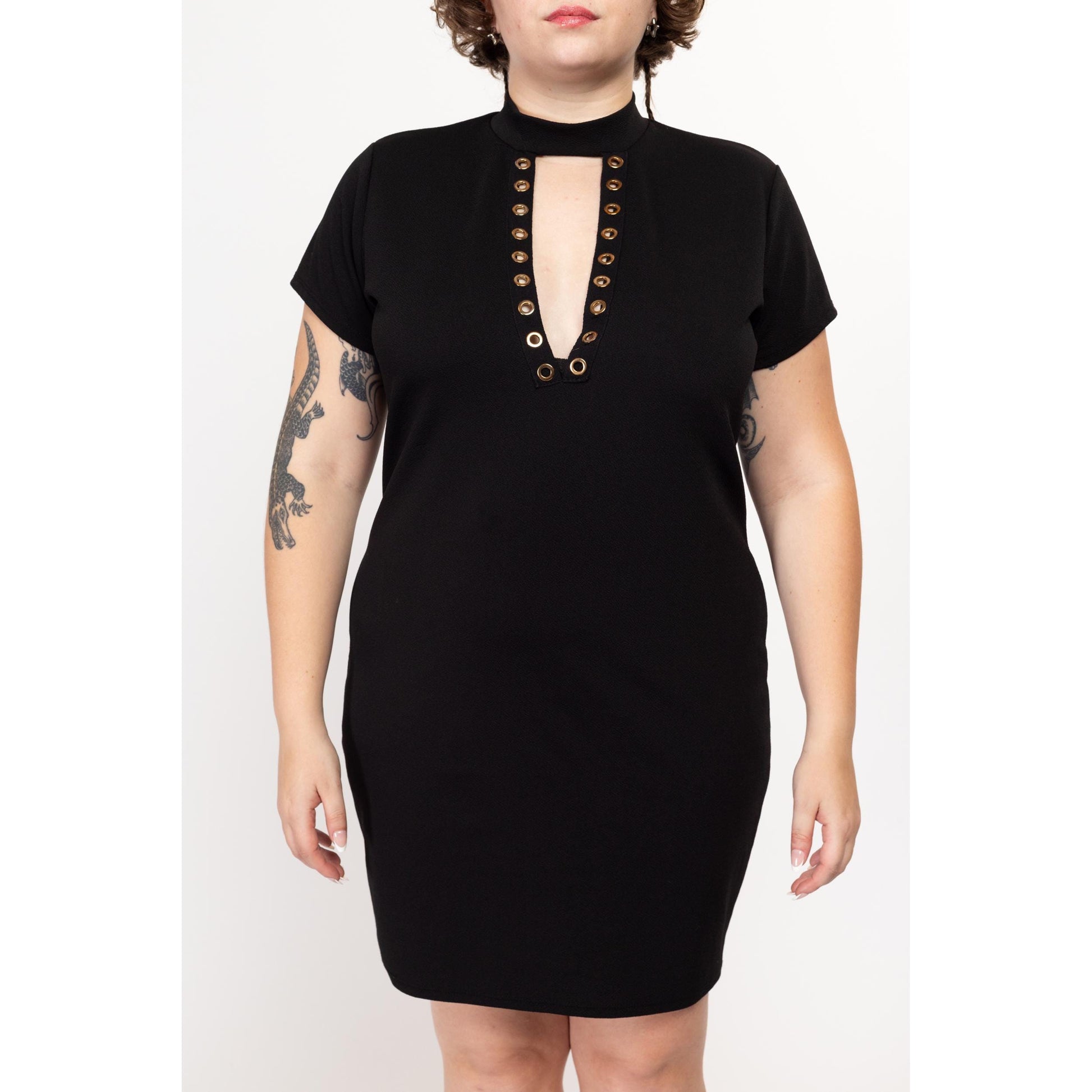 1X 90s Black Grommet Keyhole V Neck Mini Dress | Vintage Mockneck Short Sleeve Stretchy Fitted Party Dress