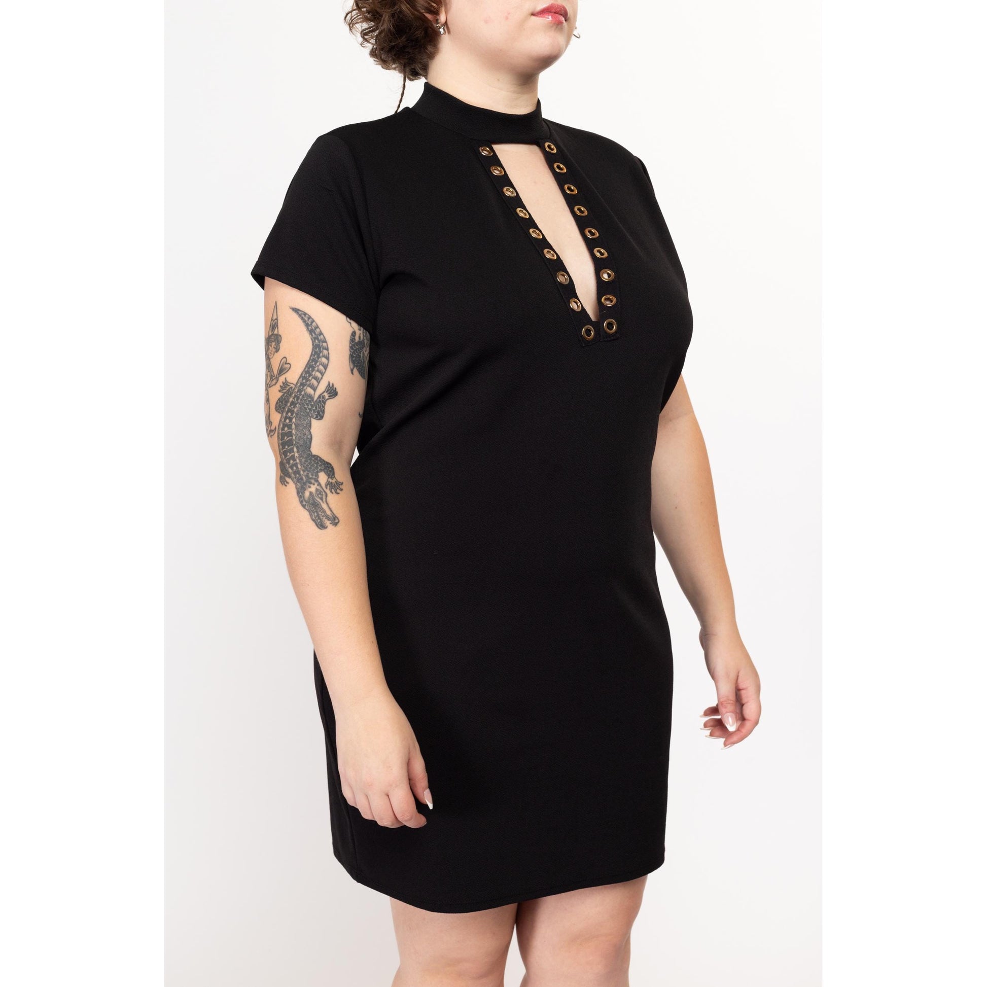 1X 90s Black Grommet Keyhole V Neck Mini Dress | Vintage Mockneck Short Sleeve Stretchy Fitted Party Dress