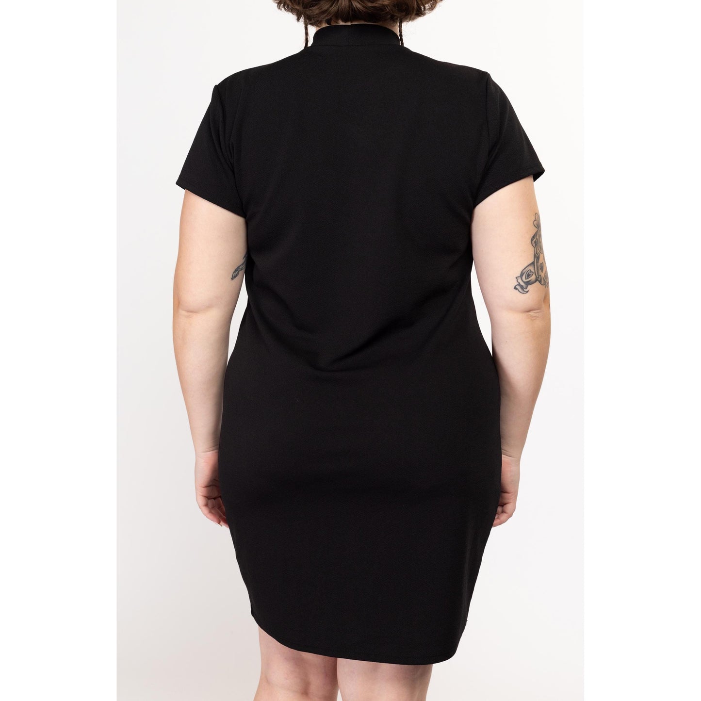 1X 90s Black Grommet Keyhole V Neck Mini Dress | Vintage Mockneck Short Sleeve Stretchy Fitted Party Dress