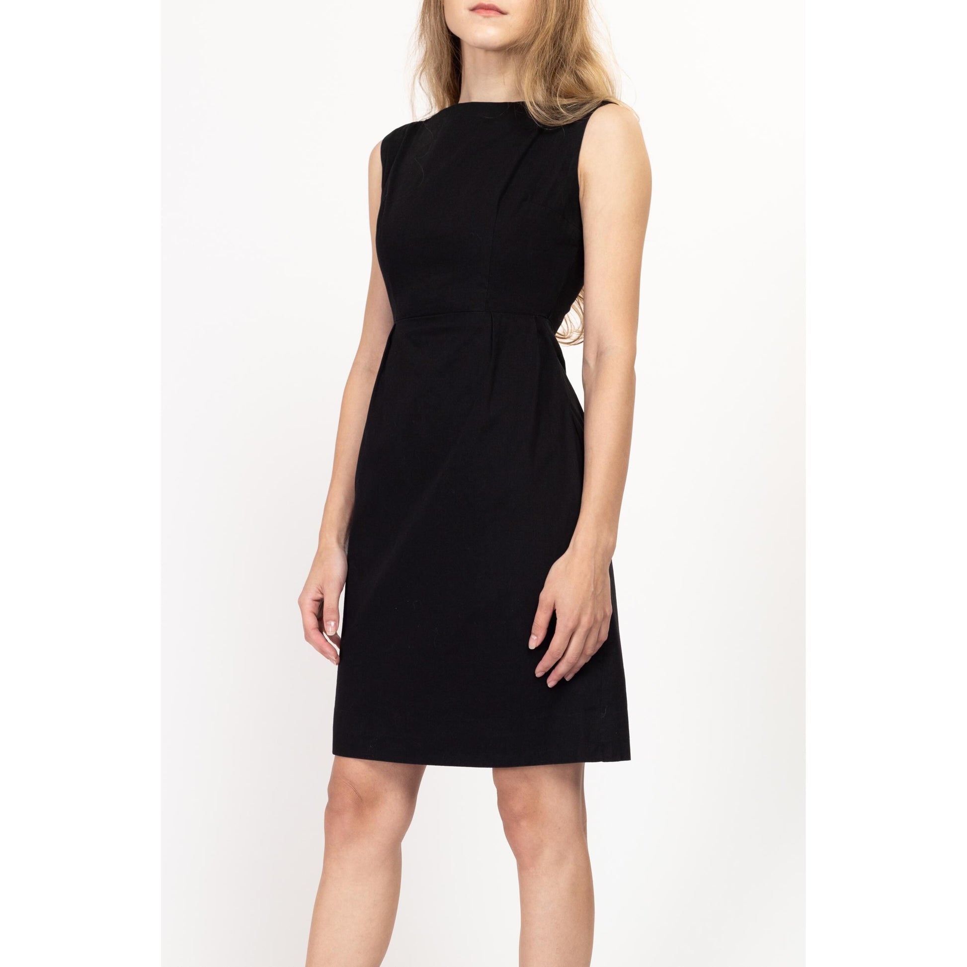 XXS 60s Black Mini Cocktail Dress | Vintage Sleeveless Boatneck Sheath Party Dress