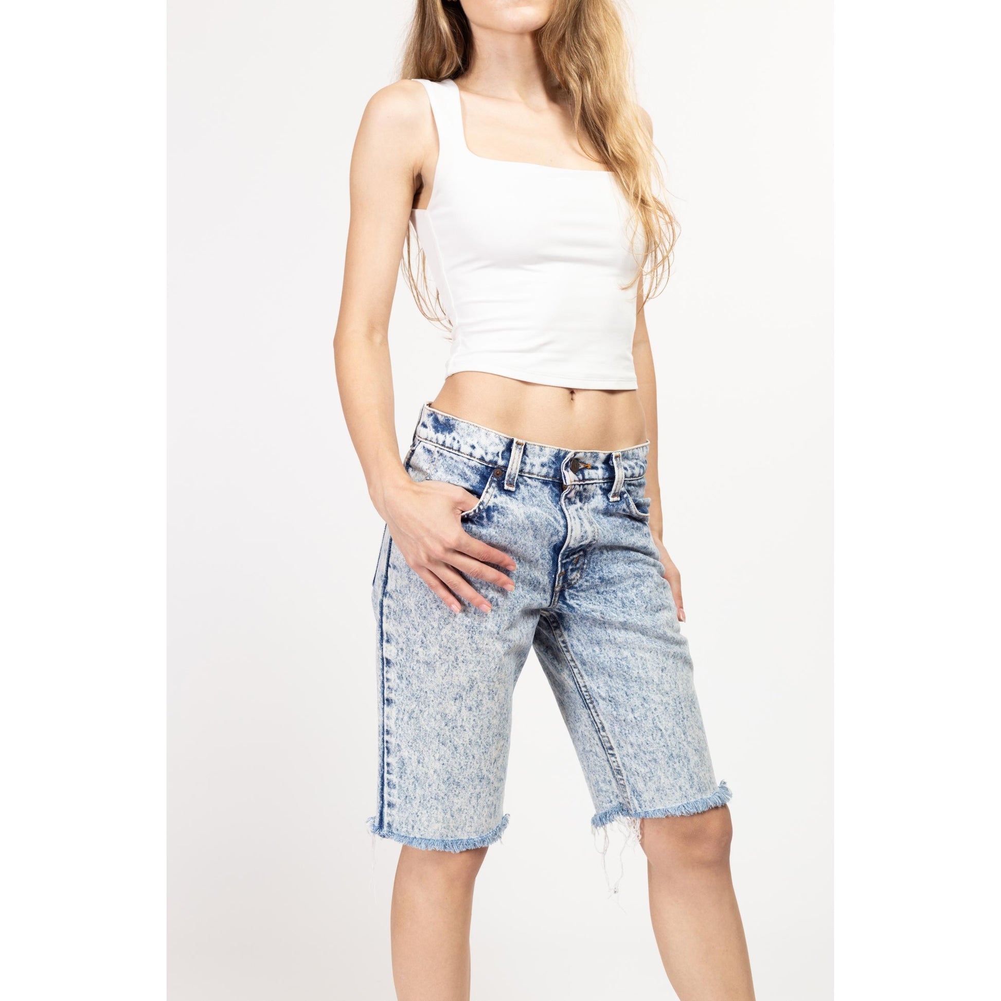 XS 90s Levi's Acid Wash Low Rise Jean Shorts | Vintage Cut Off Denim Long Inseam Bermuda Shorts