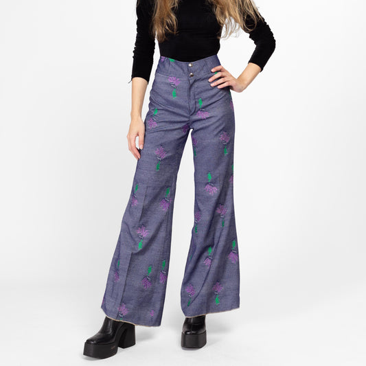 XS 70s Style Metallic Floral Bell Bottoms | Boho Vintage High Waisted Denim Look Flared Pants