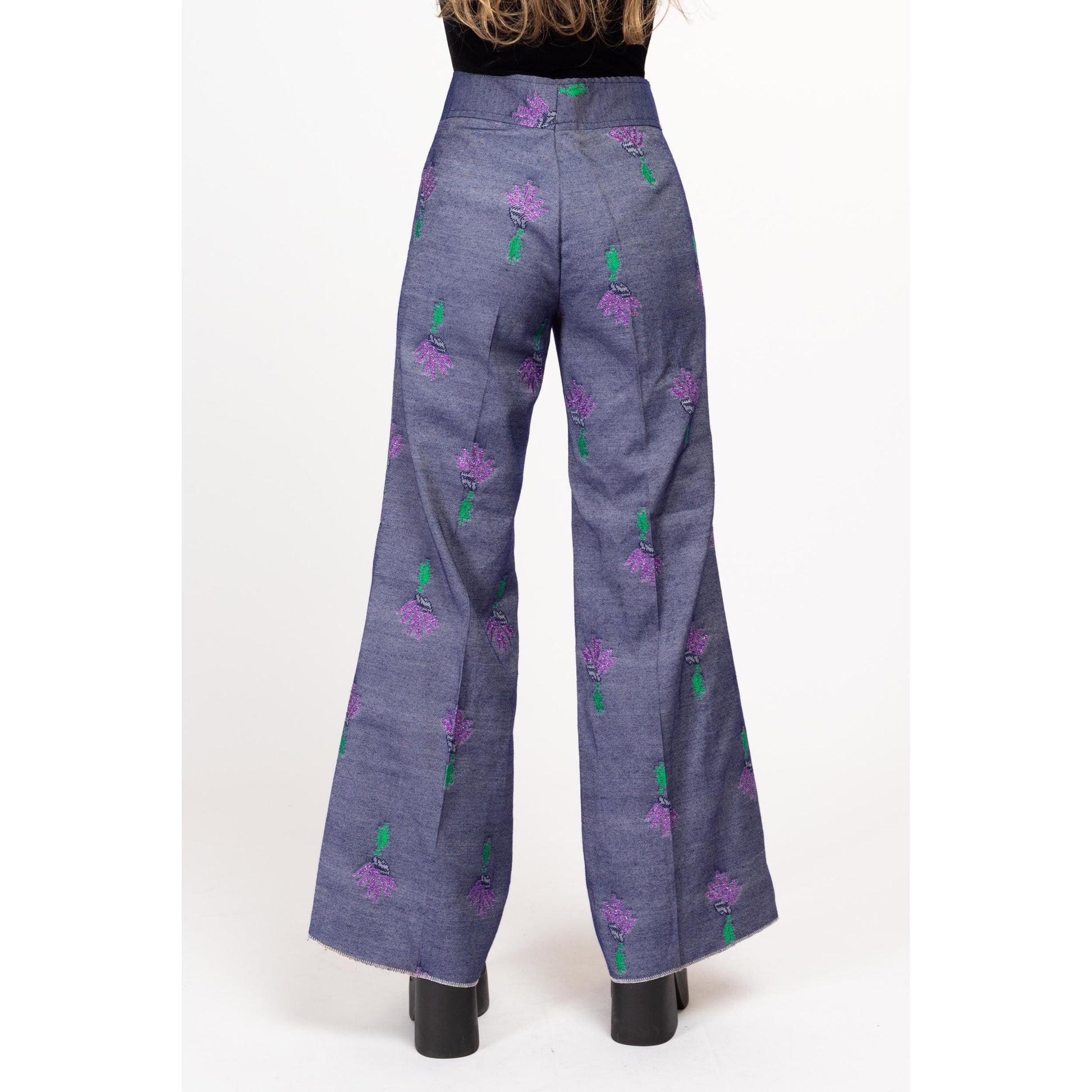 XS 70s Style Metallic Floral Bell Bottoms | Boho Vintage High Waisted Denim Look Flared Pants