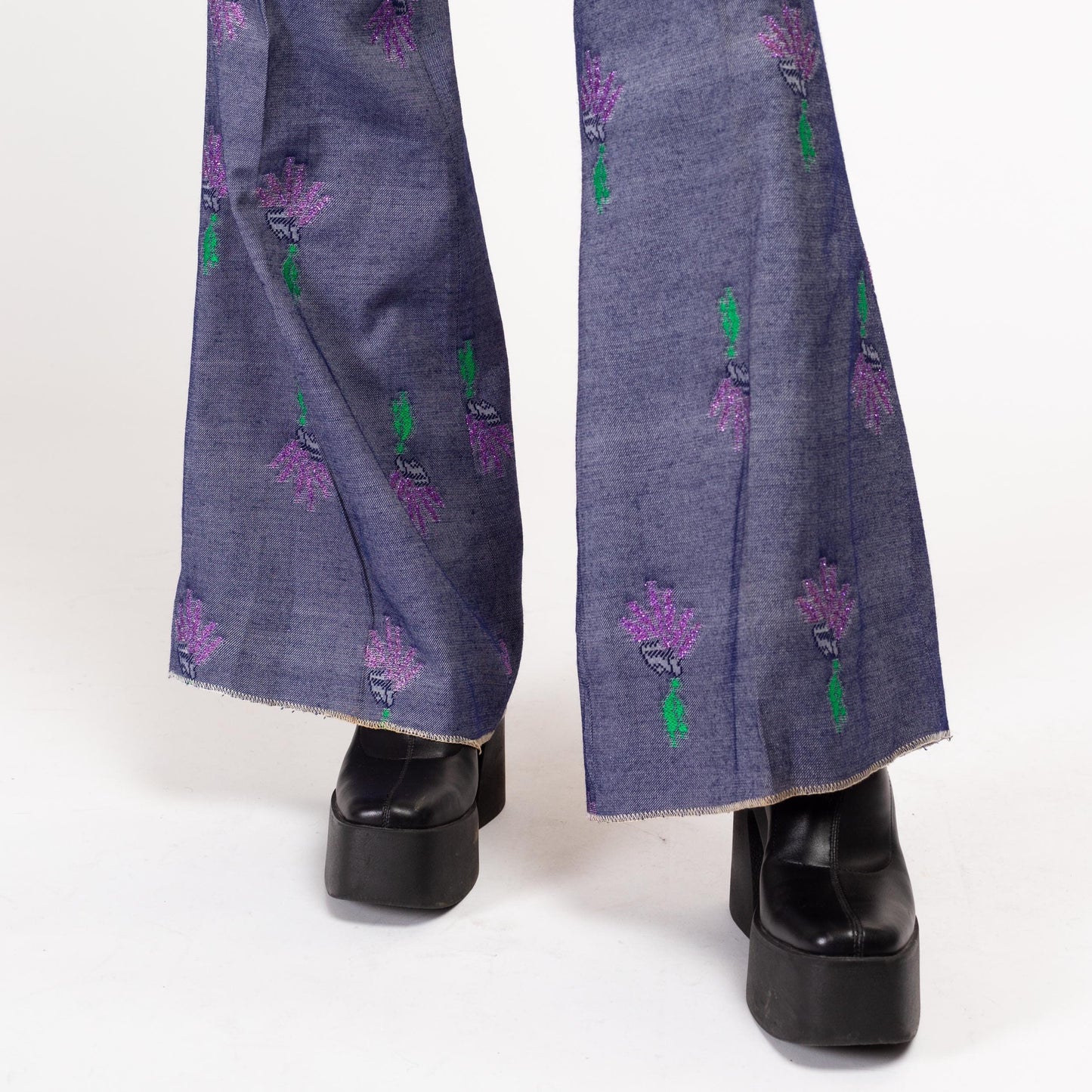 XS 70s Style Metallic Floral Bell Bottoms | Boho Vintage High Waisted Denim Look Flared Pants