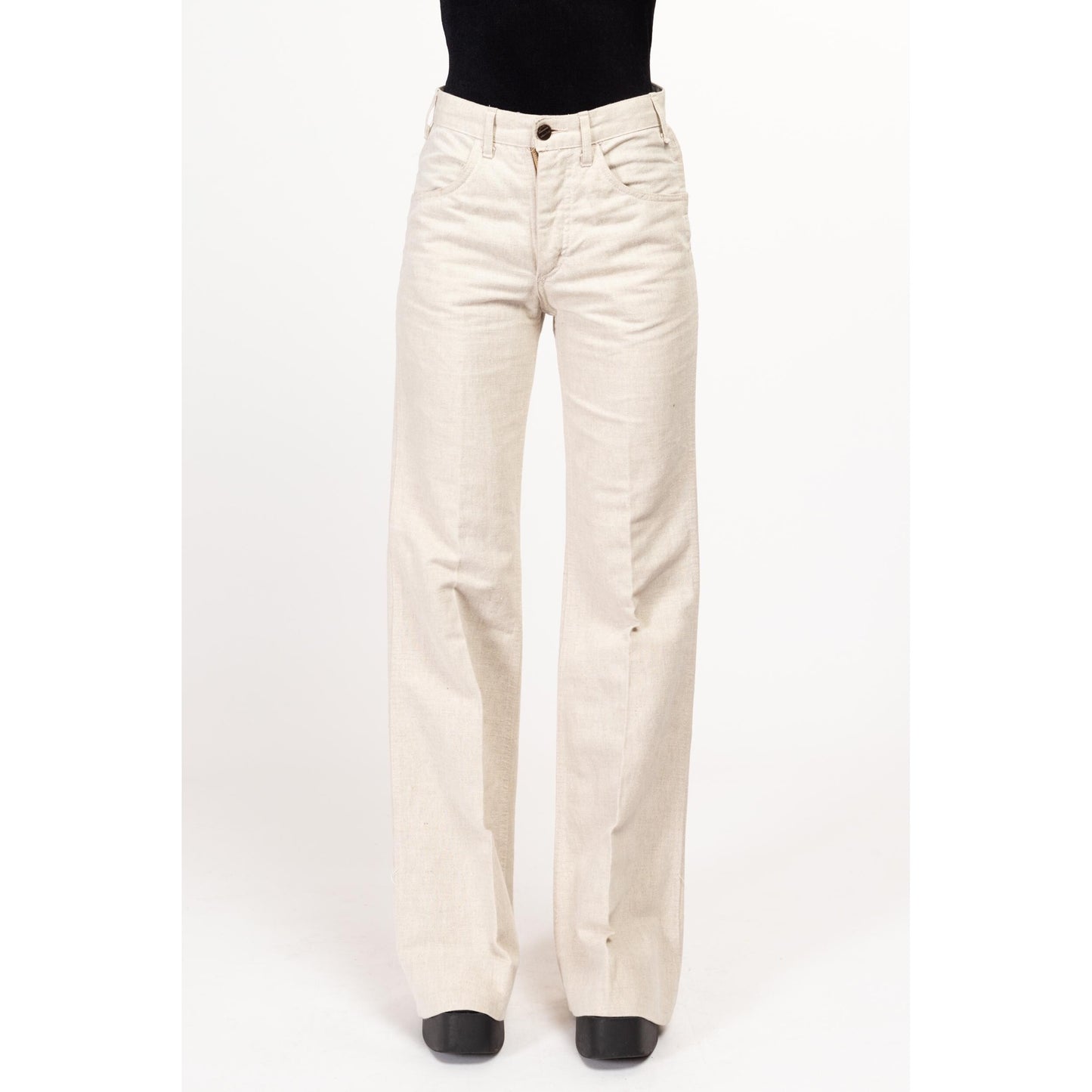 XS 70s Oatmeal Linen Blend Flared Pants | Vintage Boho Minimalist Mid Rise Bell Bottoms