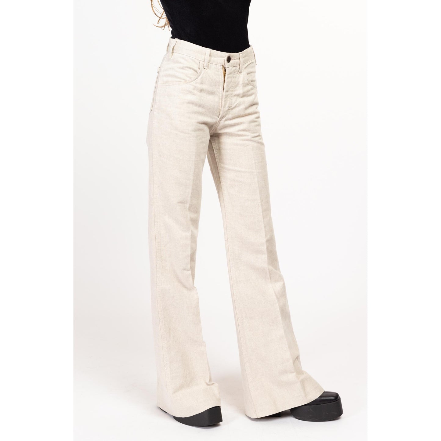 XS 70s Oatmeal Linen Blend Flared Pants | Vintage Boho Minimalist Mid Rise Bell Bottoms