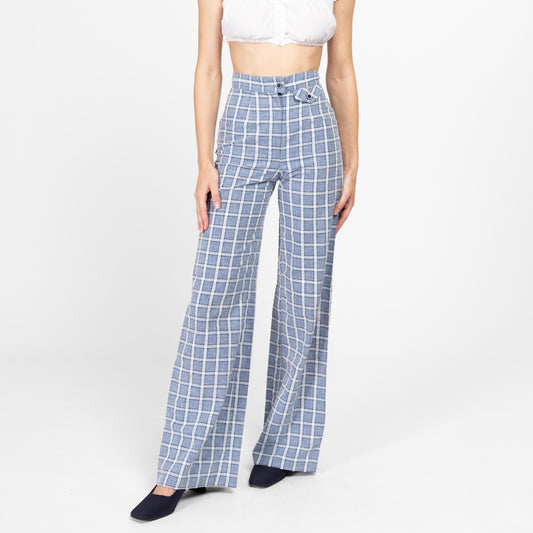 XXS 70s Blue & White Windowpane Plaid Flared Pants 22.5" | Vintage Seersucker High Waisted Retro Wide Leg Trousers