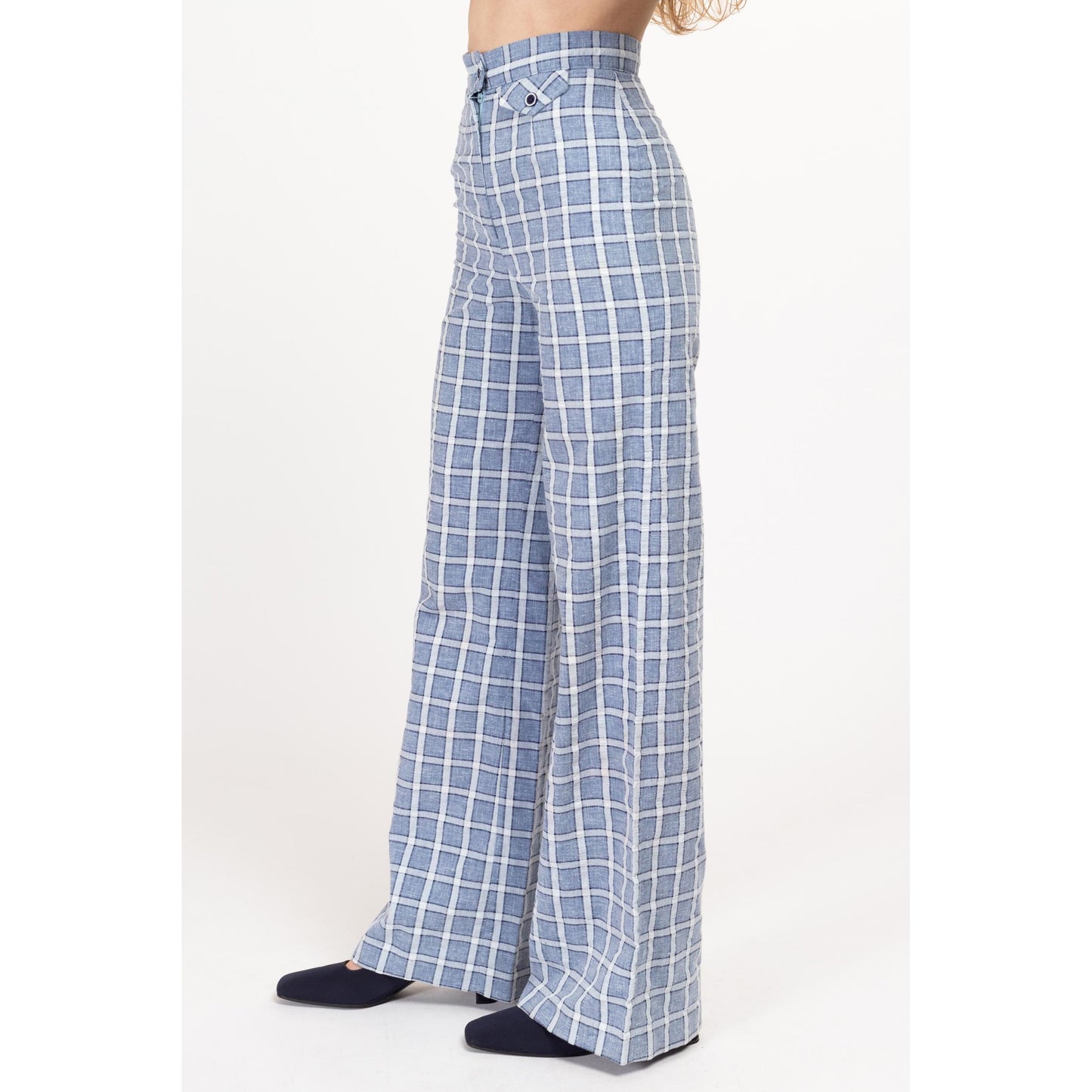 XXS 70s Blue & White Windowpane Plaid Flared Pants 22.5" | Vintage Seersucker High Waisted Retro Wide Leg Trousers