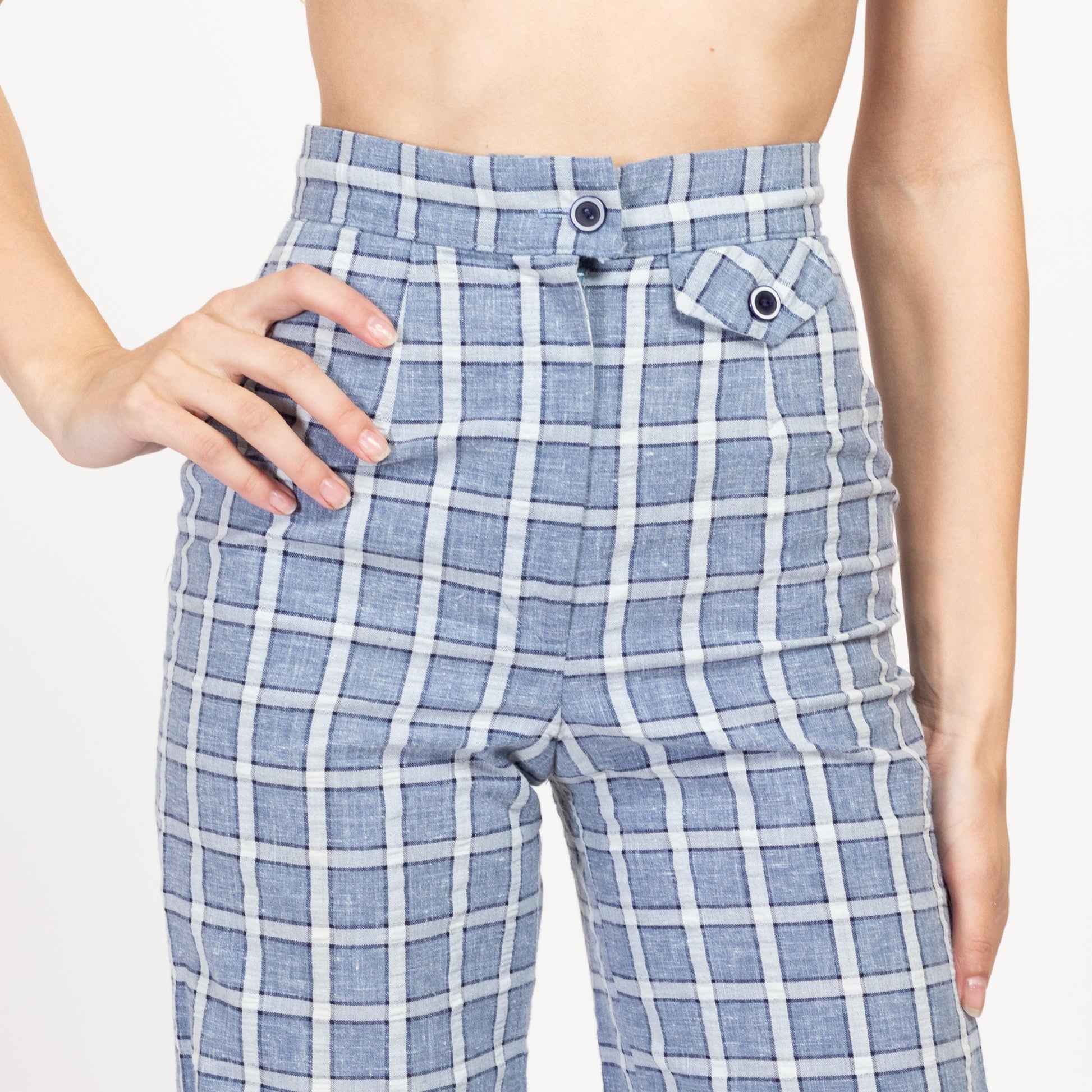 XXS 70s Blue & White Windowpane Plaid Flared Pants 22.5" | Vintage Seersucker High Waisted Retro Wide Leg Trousers