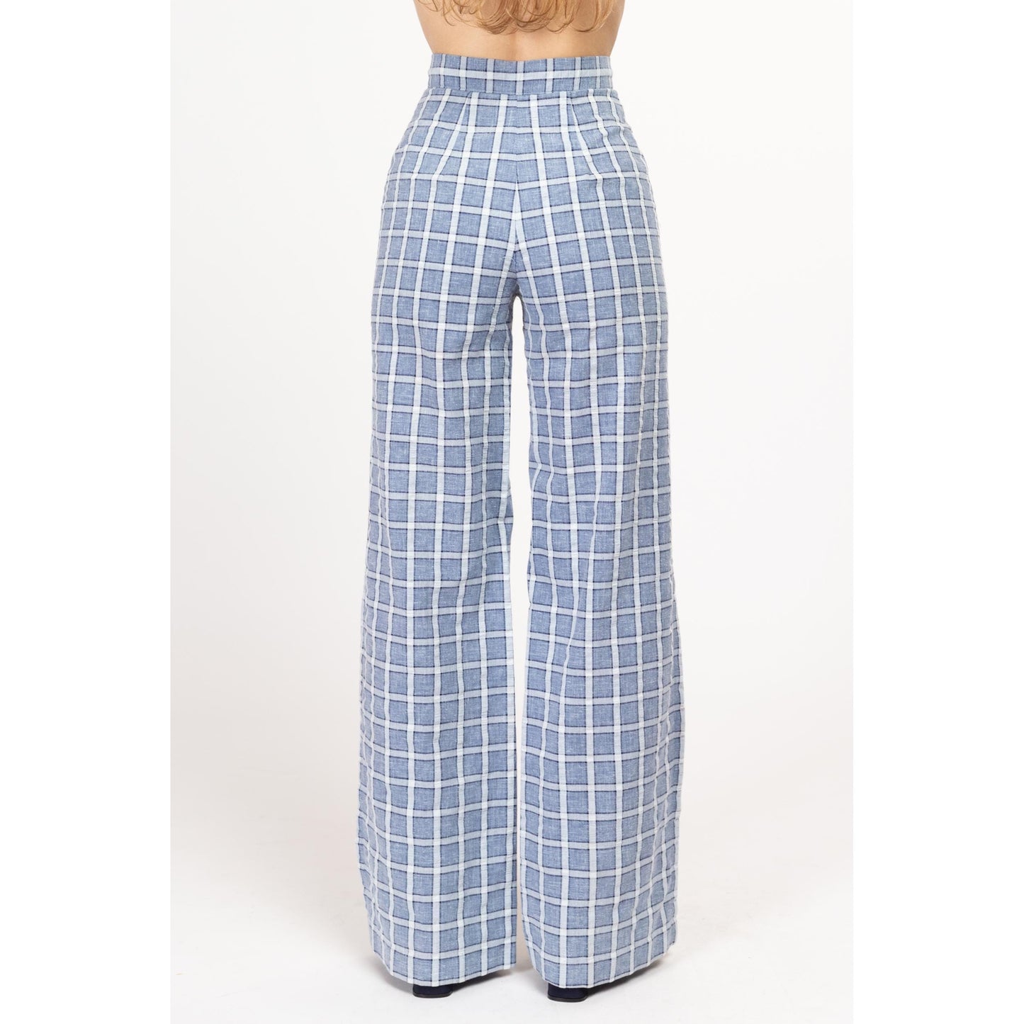 XXS 70s Blue & White Windowpane Plaid Flared Pants 22.5" | Vintage Seersucker High Waisted Retro Wide Leg Trousers