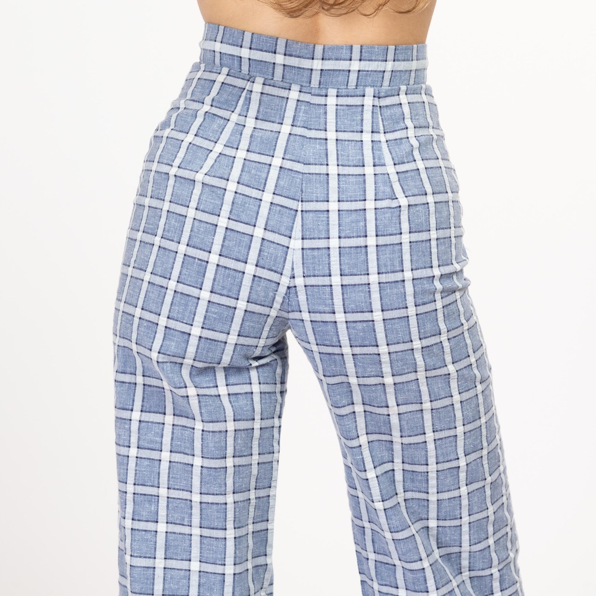 XXS 70s Blue & White Windowpane Plaid Flared Pants 22.5" | Vintage Seersucker High Waisted Retro Wide Leg Trousers