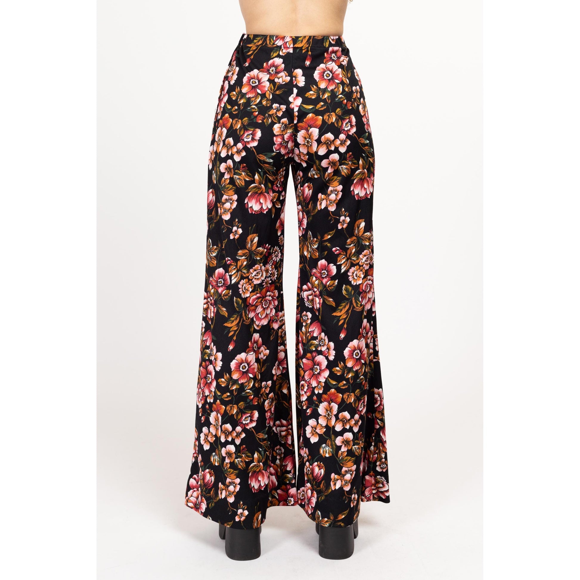 XXS-XS 70s Boho Black Floral Palazzo Pants 20"-24" | Vintage High Waisted Bell Bottoms Flared Trousers