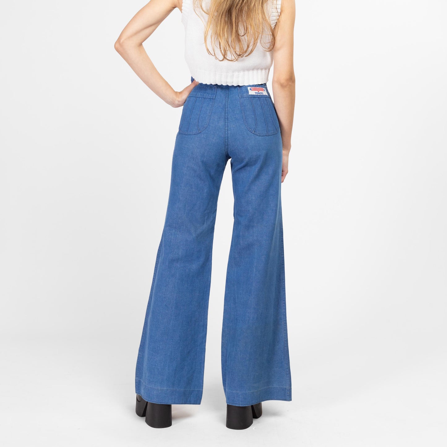 XS-Sm 70s Retro High Waisted Flared Jeans 27" | Vintage Medium Wash Chambray Denim Boho Bell Bottoms