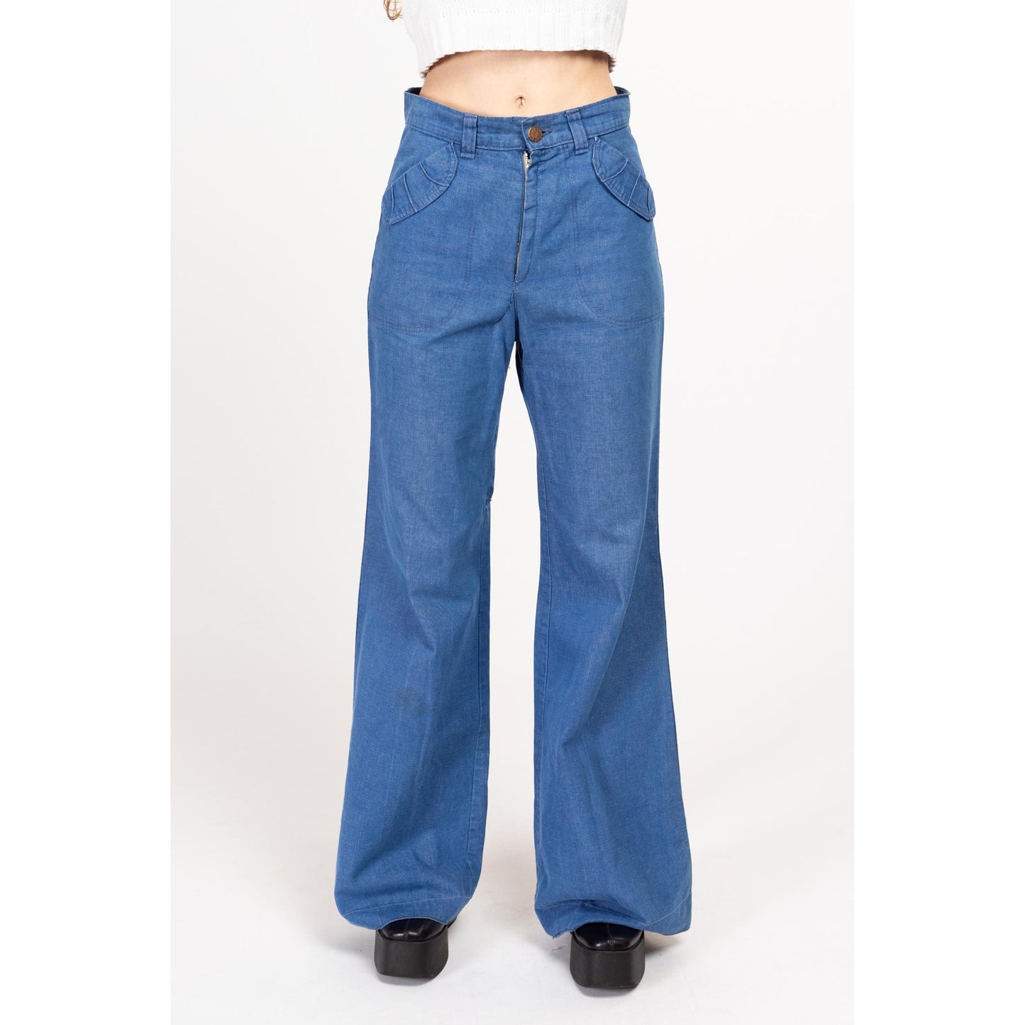 XS-Sm 70s Retro High Waisted Flared Jeans 27" | Vintage Medium Wash Chambray Denim Boho Bell Bottoms