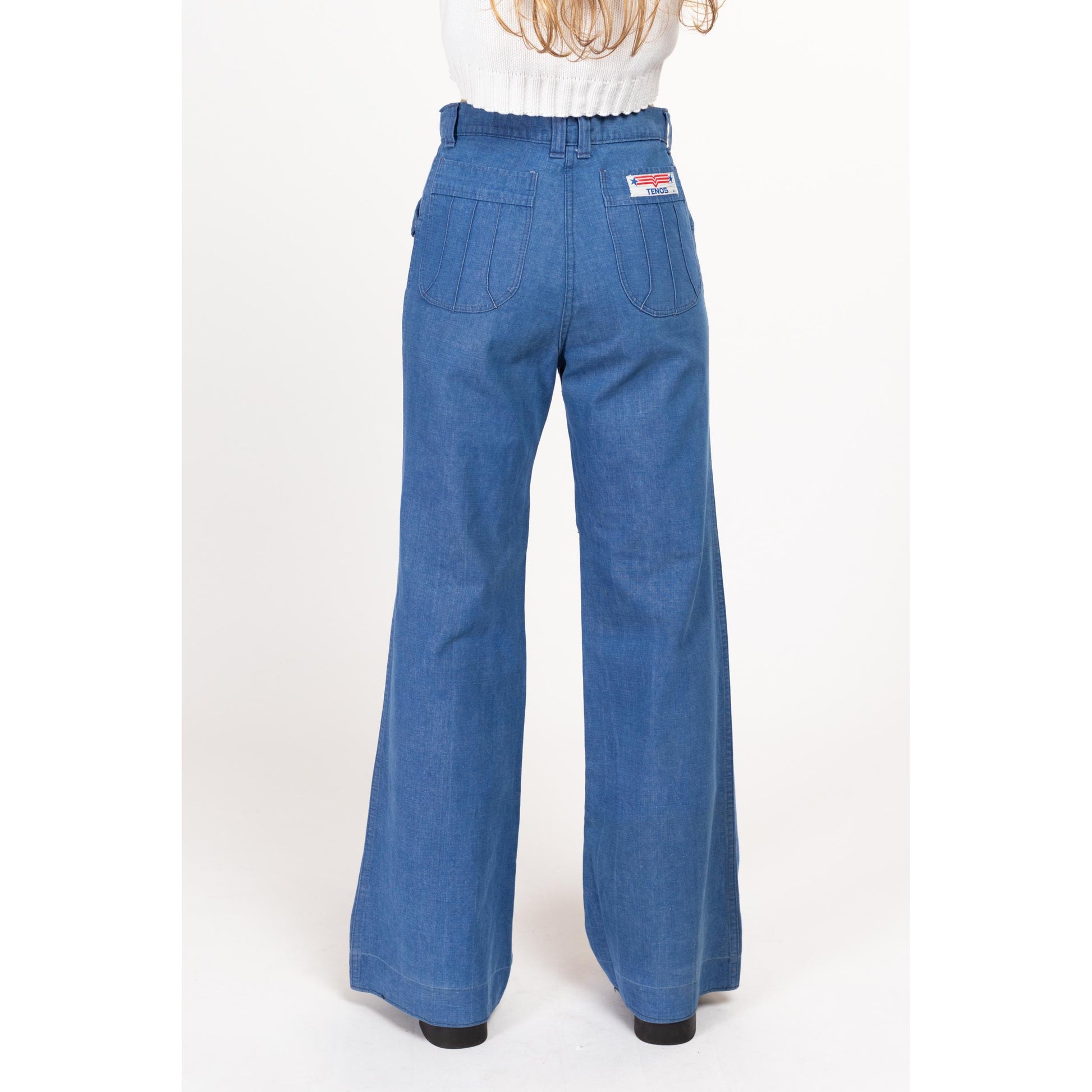 XS-Sm 70s Retro High Waisted Flared Jeans 27" | Vintage Medium Wash Chambray Denim Boho Bell Bottoms