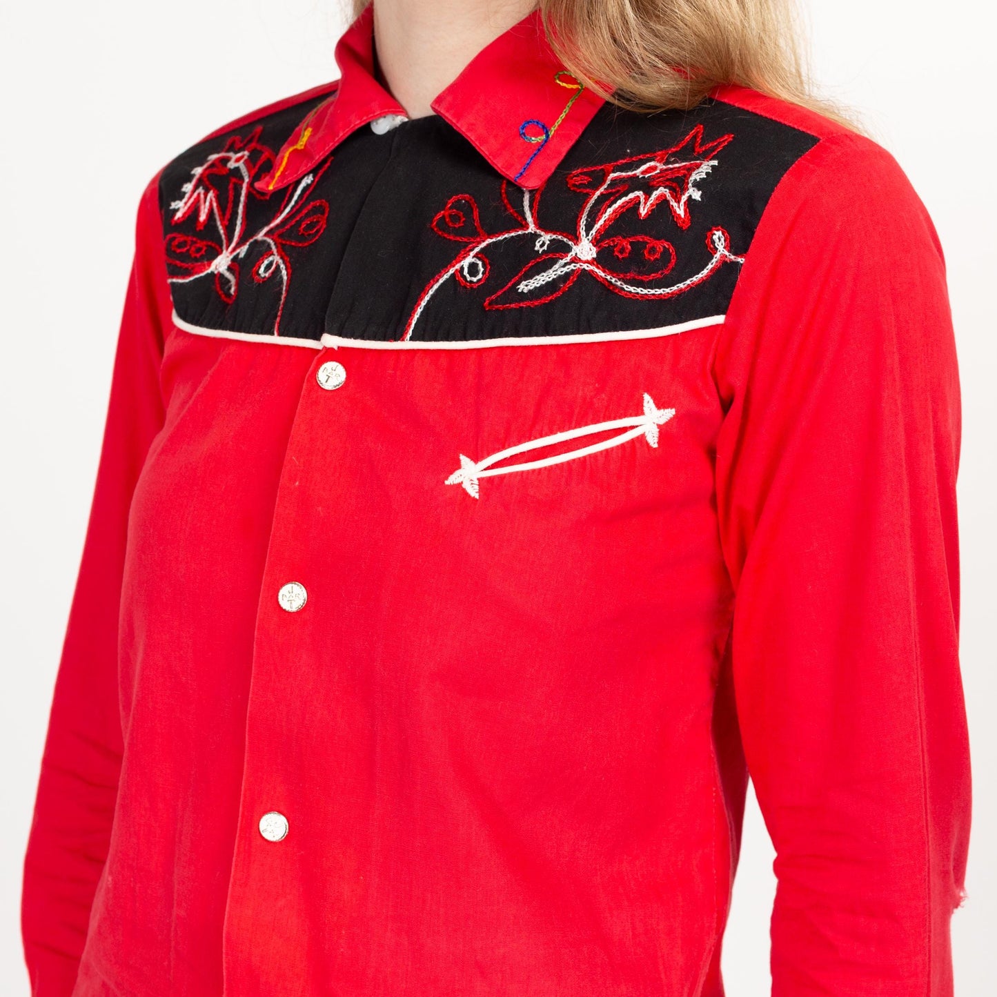 XXS 1950s J Bar T Red Embroidered Western Shirt | Vintage 50s Kids Rockabilly Yoke Top