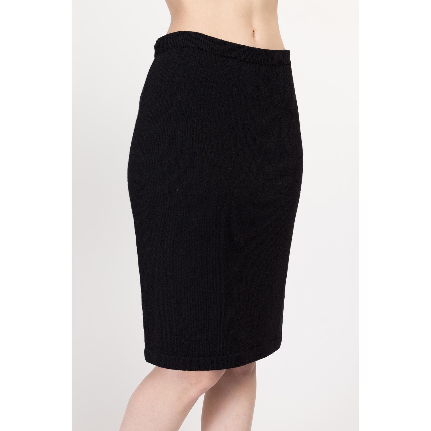 Sm-Med 80s Minimalist Black Knit Skirt | Vintage Knee Length Mid High Rise Pencil Skirt