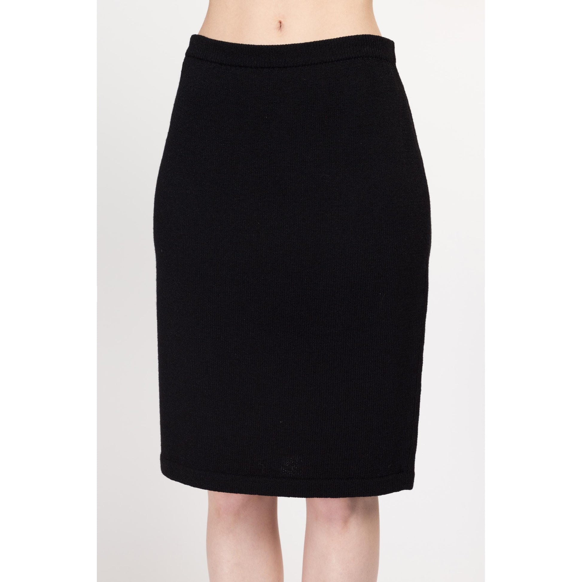 Sm-Med 80s Minimalist Black Knit Skirt | Vintage Knee Length Mid High Rise Pencil Skirt