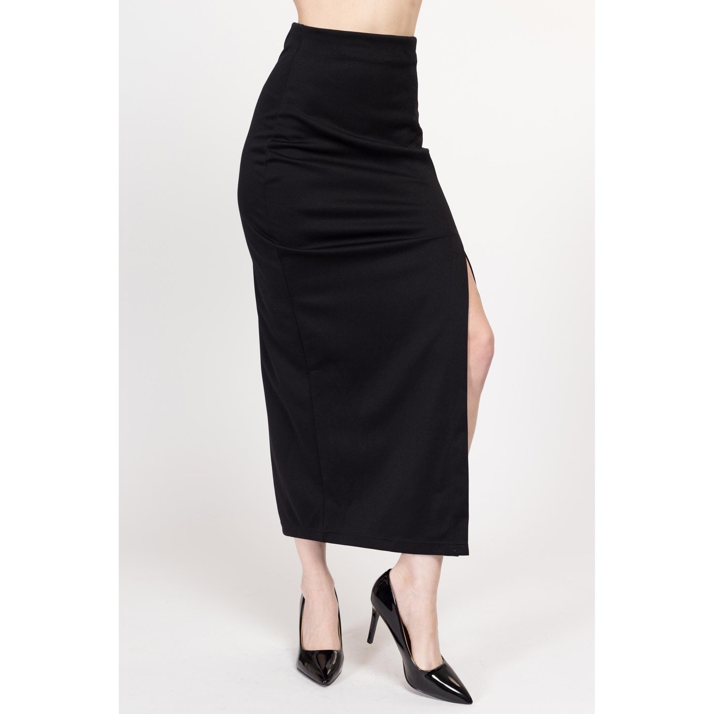 Small 90s Black High Slit Bodycon Maxi Skirt | Vintage Slinky Minimalist Fitted Pencil Skirt