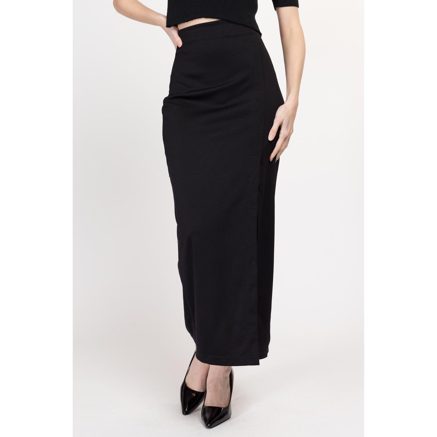 Small 90s Black High Slit Bodycon Maxi Skirt | Vintage Slinky Minimalist Fitted Pencil Skirt