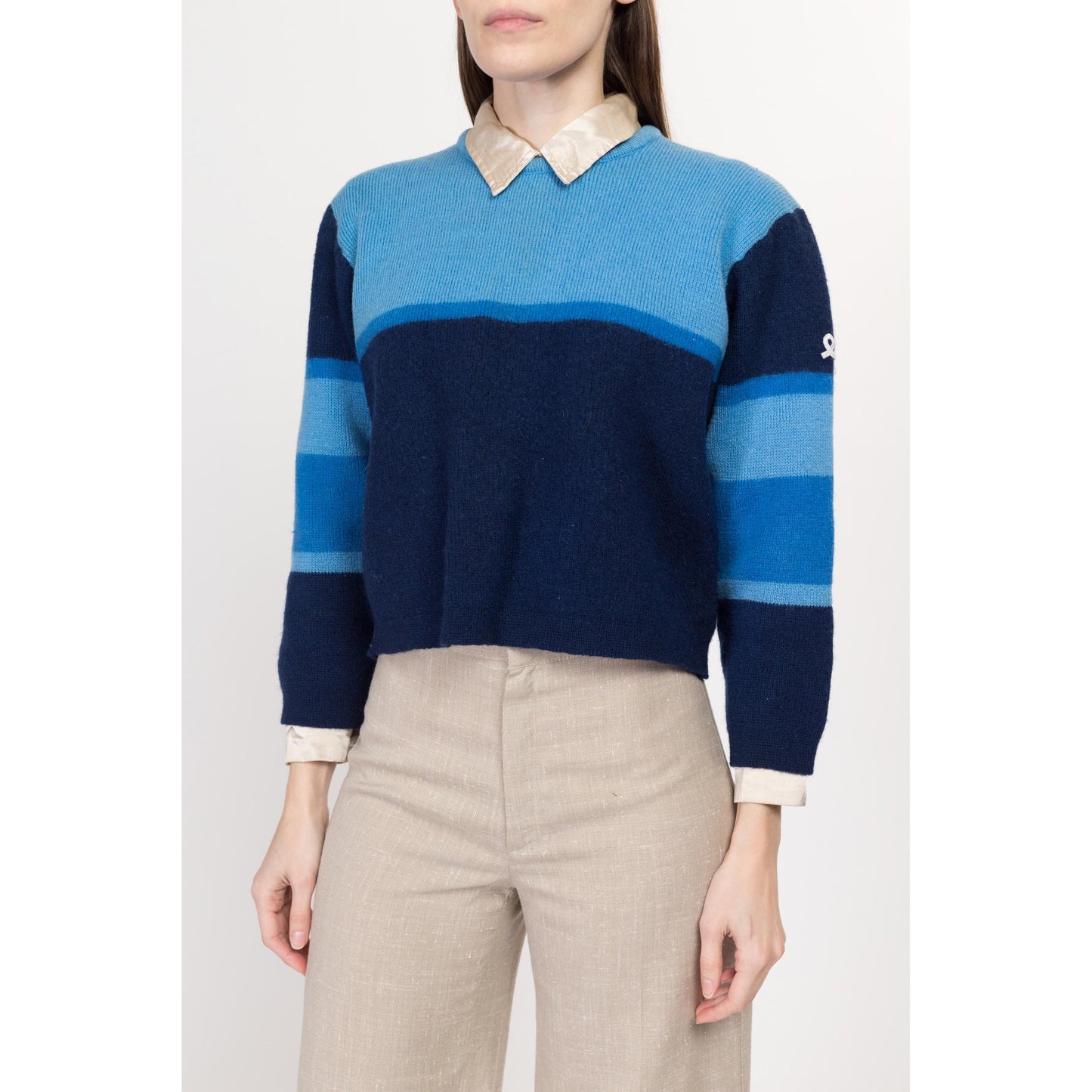 Large 70s Demetre Blue Color Block Cropped Wool Sweater | Retro Vintage Striped Ski Pullover