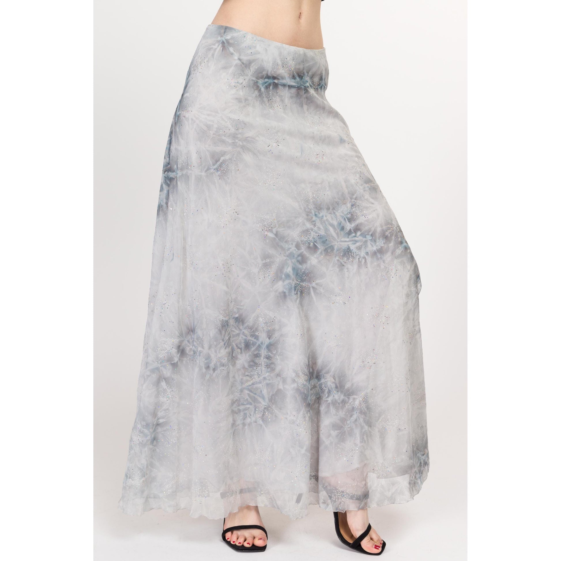 Small Y2K Snow Queen Silk Sparkle Maxi Skirt | Boho Vintage Blue Silver Glitter Tie Dye Glam Long Skirt