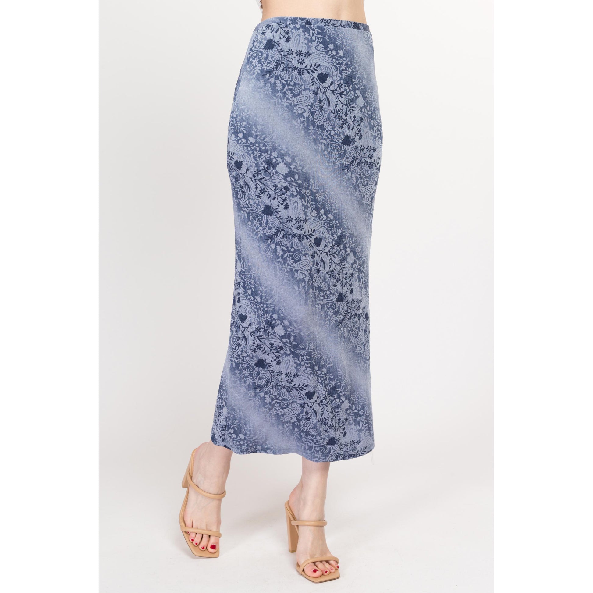 Small 90s Slinky Blue Floral Maxi Skirt | Vintage Grunge High Waisted Stretchy Ankle Length Skirt