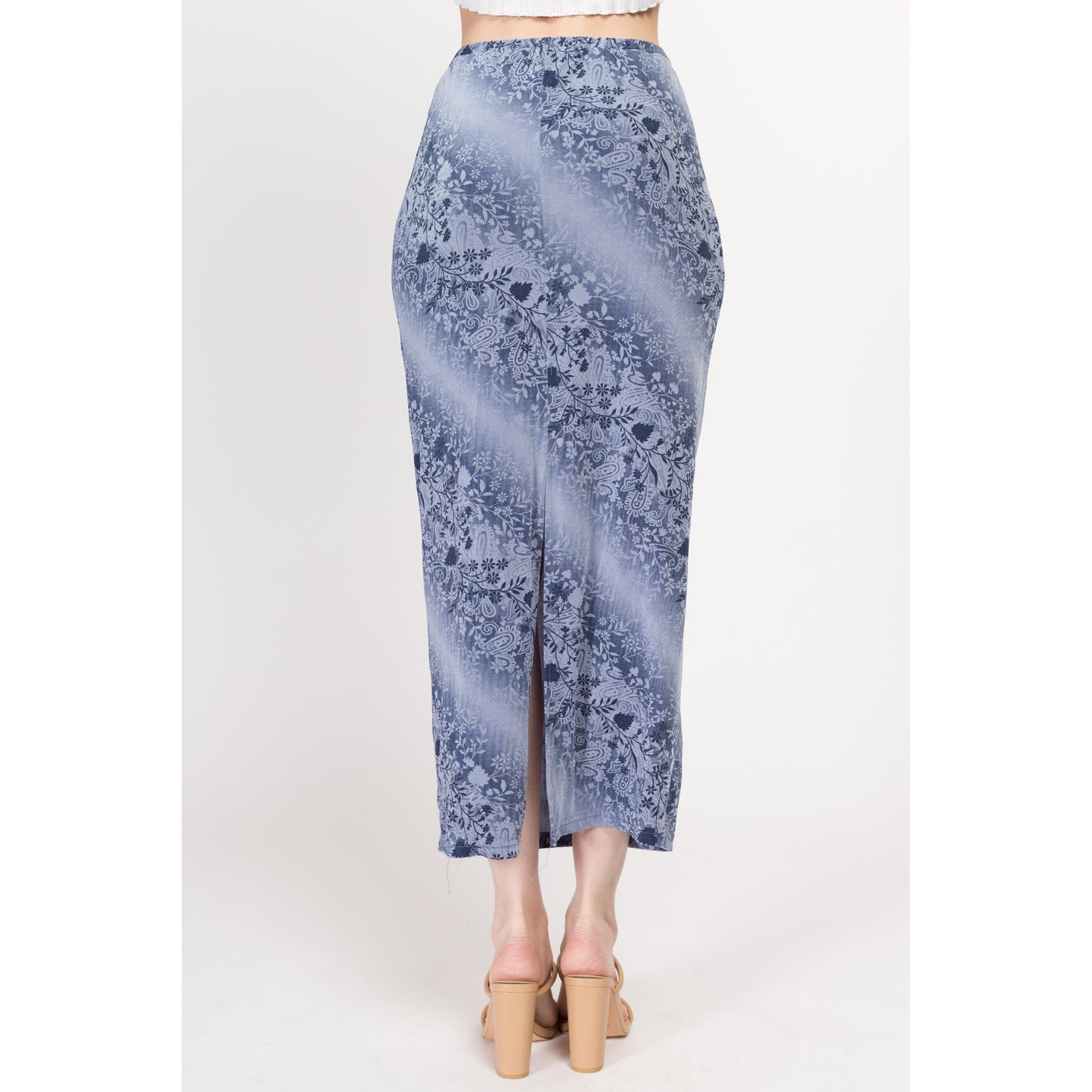 Small 90s Slinky Blue Floral Maxi Skirt | Vintage Grunge High Waisted Stretchy Ankle Length Skirt