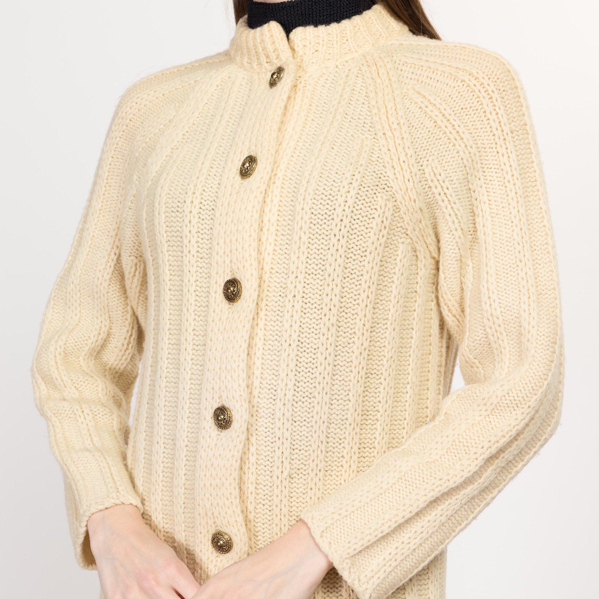 Small 70s Irish Cable Knit Long Cardigan | Vintage Cyril Cullen Button Up Cream Wool Sweater Dress