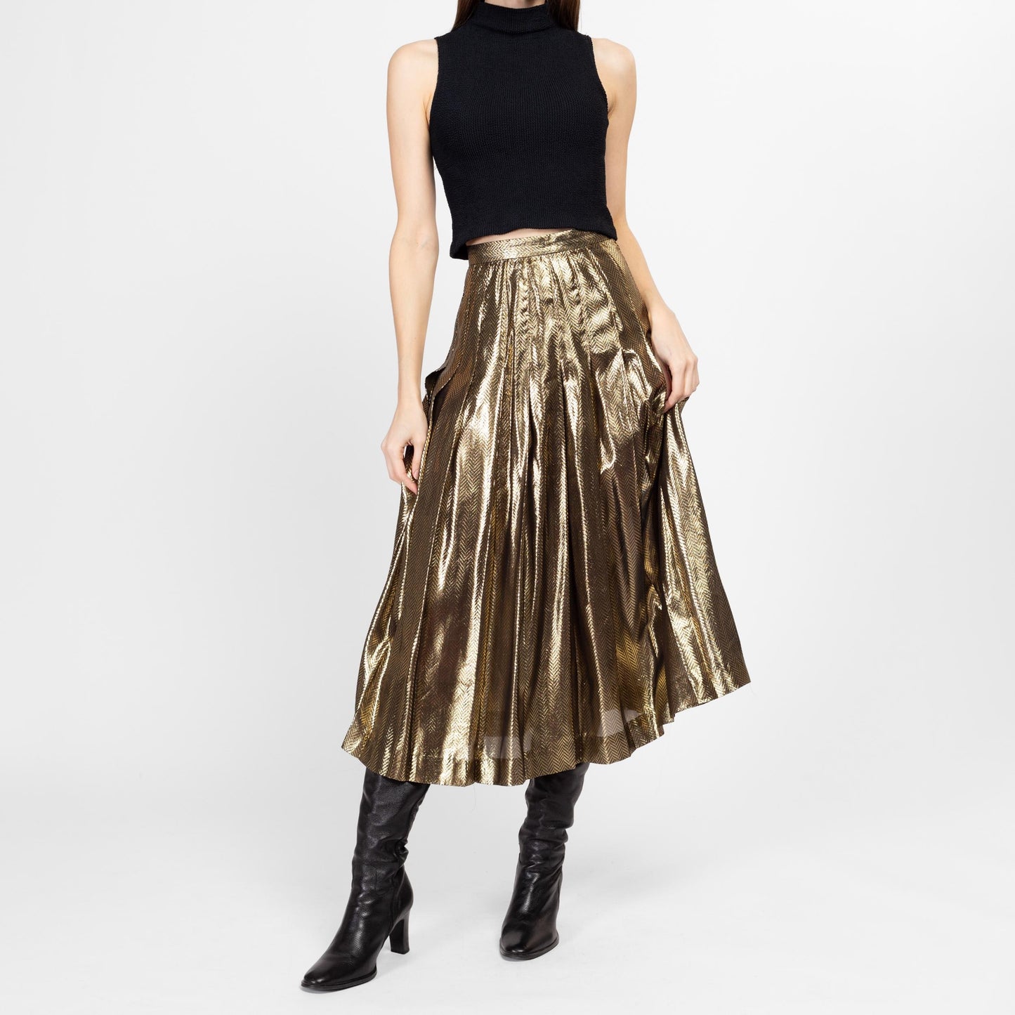 XS 80s Metallic Gold Pleated Midi Skirt 24.5" | Vintage High Waisted Chevron Striped Glam Skirt