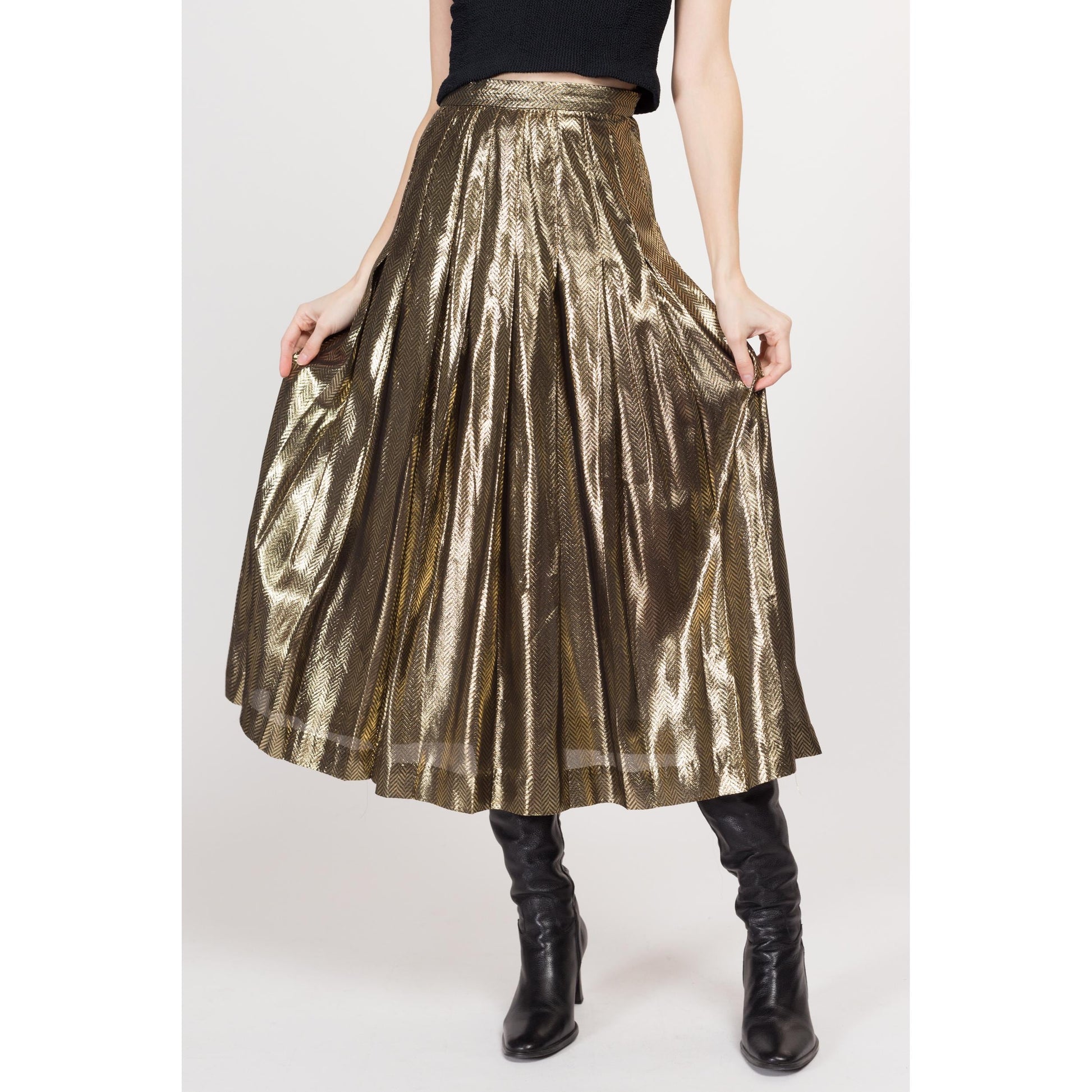 XS 80s Metallic Gold Pleated Midi Skirt 24.5" | Vintage High Waisted Chevron Striped Glam Skirt