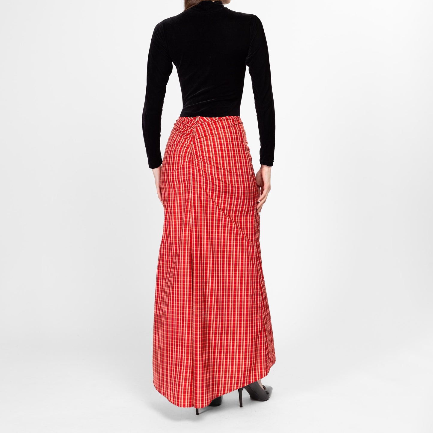 Small 90s BCBG Max Azria Red Taffeta Bustle Maxi Skirt | Vintage Mid Rise A Line Holiday Party Hostess Skirt